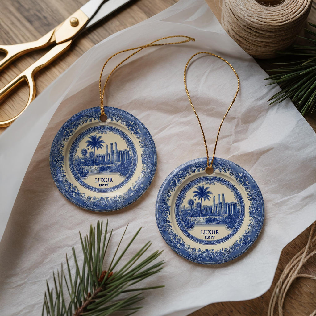 Custom Luxor Egypt Ceramic Delft Ornament, Christmas Delftware Blue Delftware city travel