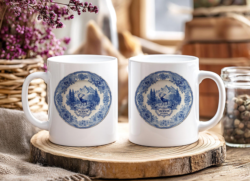 Jackson  Wyoming Mug, Custom Delft Style cup, Personalized Vintage Travel City Gift