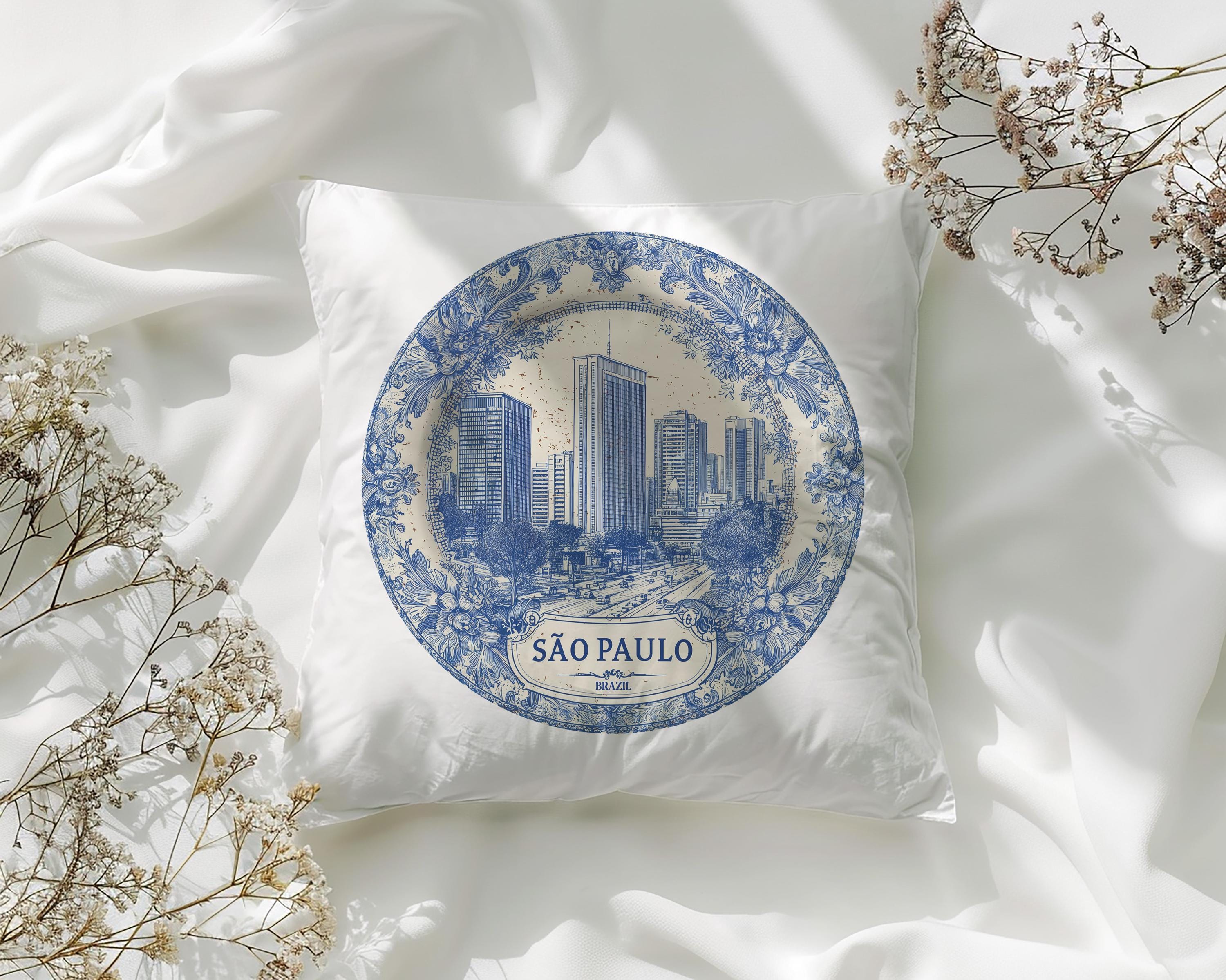 Sao Paulo Brazil Pillowcase, Delft Style Decorative Throw Pillow, Vintage Cityscape Retro Home Decor