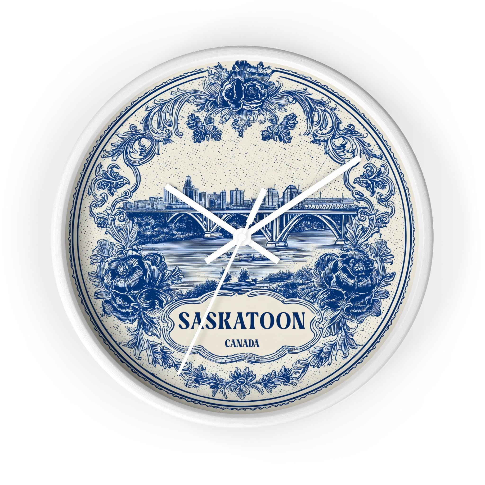 Saskatoon Canada Wall Clock, Delf style Home Decor, Vintage City Travel Keepsake Art