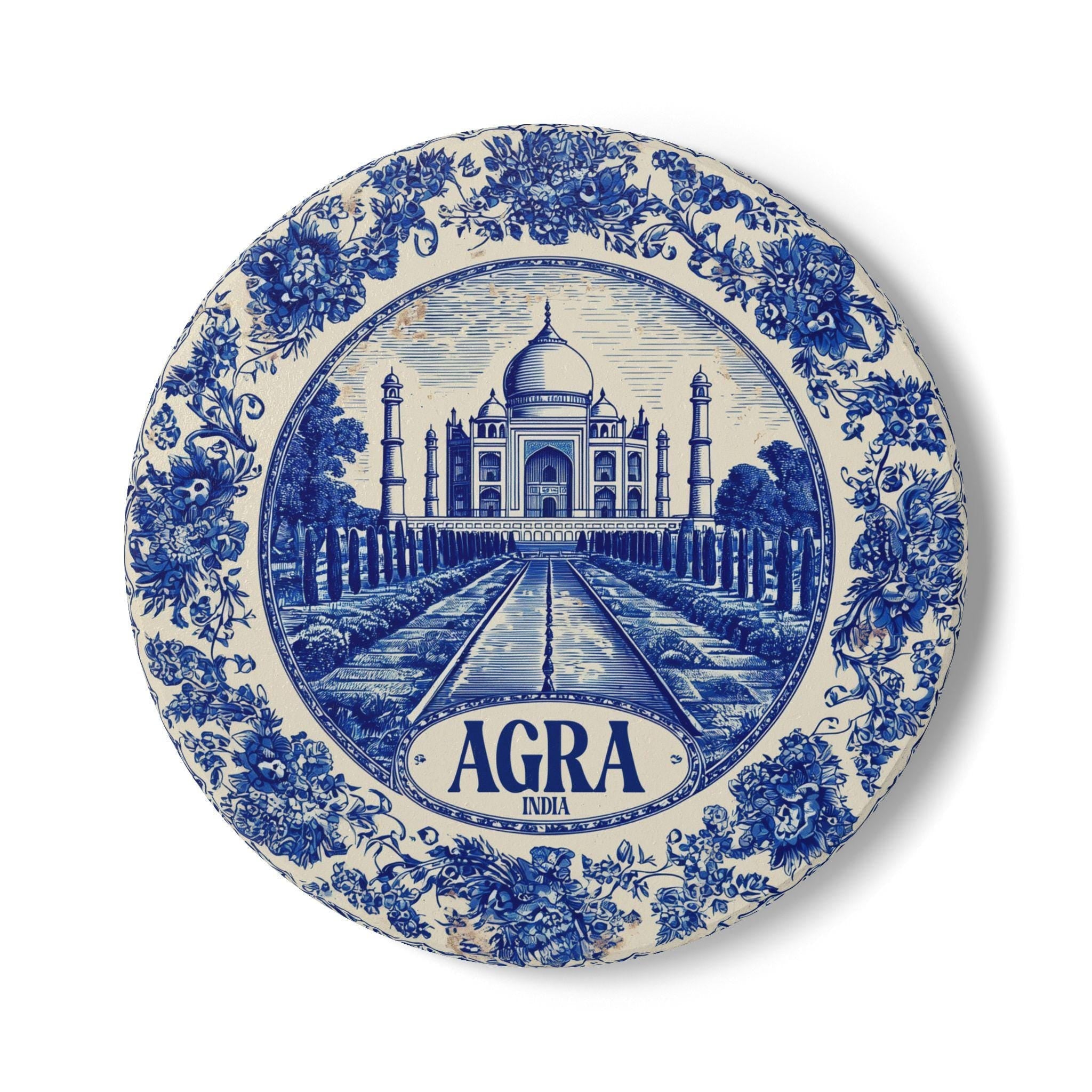 Agra India Delftware Ceramic Coaster, Blue White Travel Gift, Vintage Home Decor Collectible - CuteBeePix