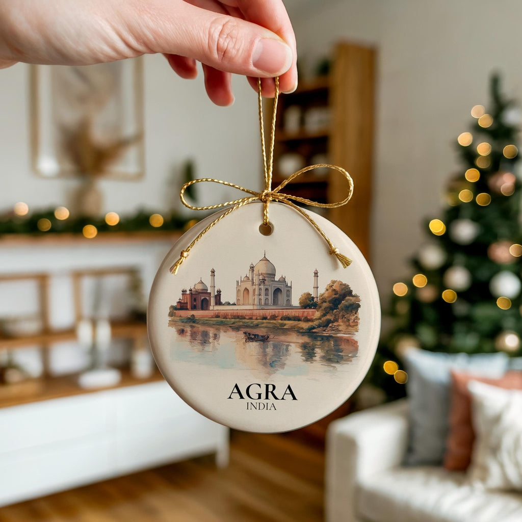 Agra India Personalized Watercolor Ornament, Custom Ceramic Christmas gift, Travel Keepsake - CuteBeePix