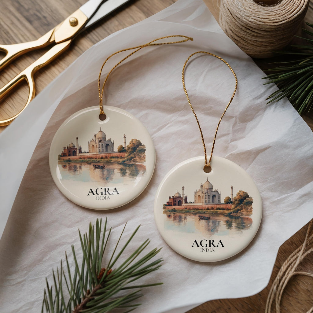 Agra India Personalized Watercolor Ornament, Custom Ceramic Christmas gift, Travel Keepsake - CuteBeePix