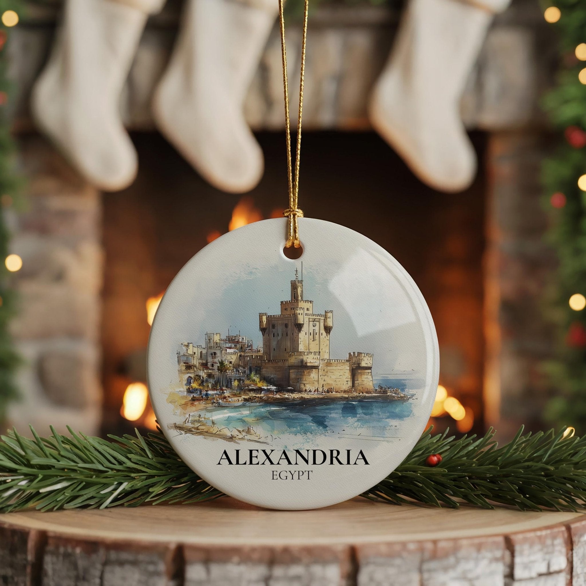 Alexandria Egypt Personalized Watercolor Ornament, Custom Ceramic Christmas gift, Travel Keepsake - CuteBeePix