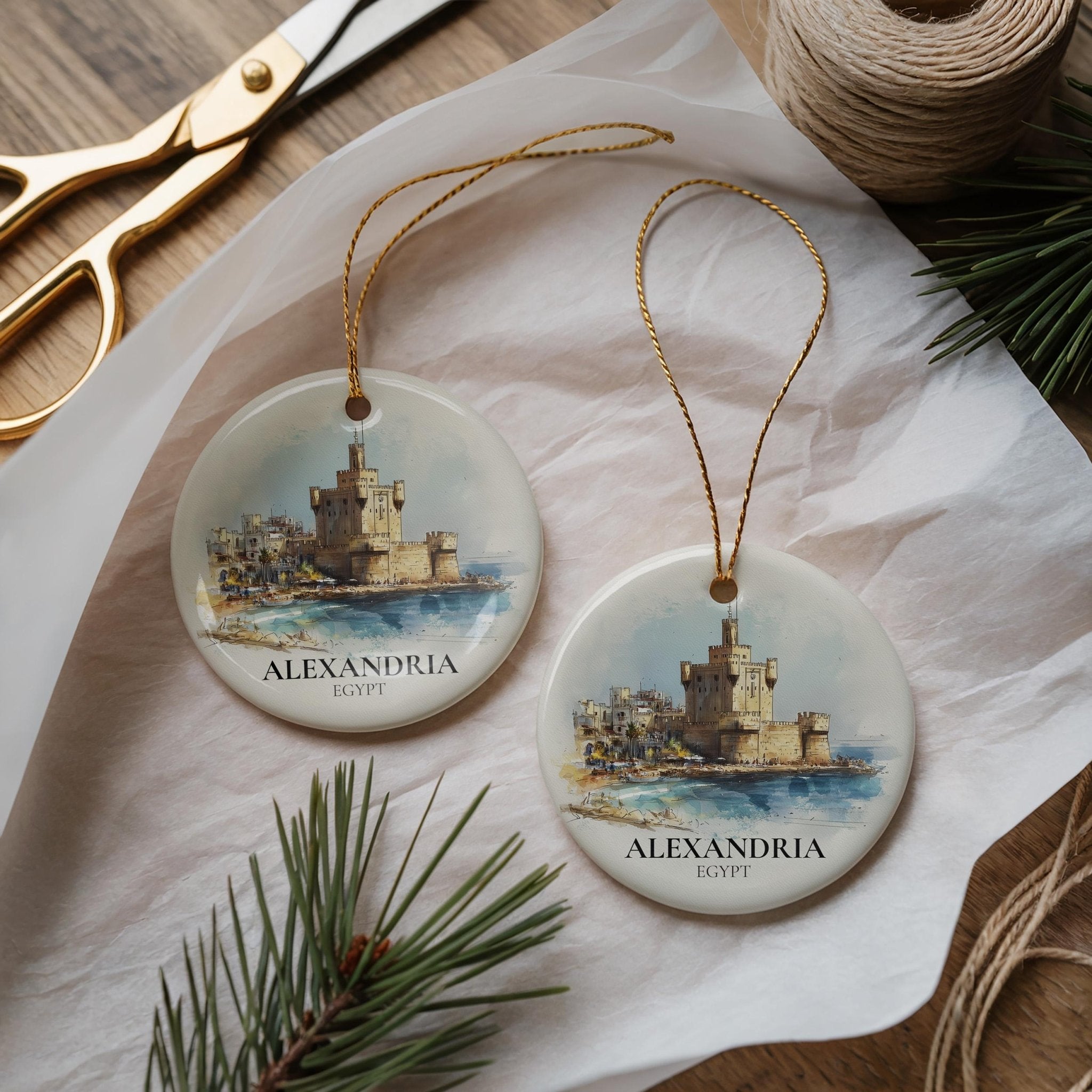 Alexandria Egypt Personalized Watercolor Ornament, Custom Ceramic Christmas gift, Travel Keepsake - CuteBeePix