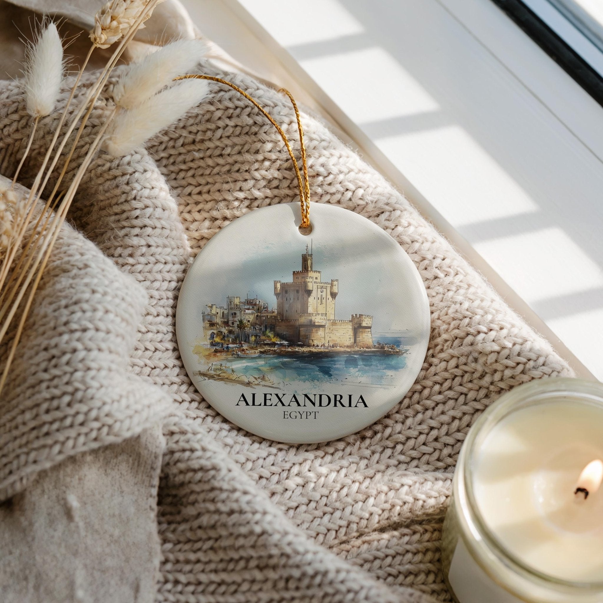 Alexandria Egypt Personalized Watercolor Ornament, Custom Ceramic Christmas gift, Travel Keepsake - CuteBeePix