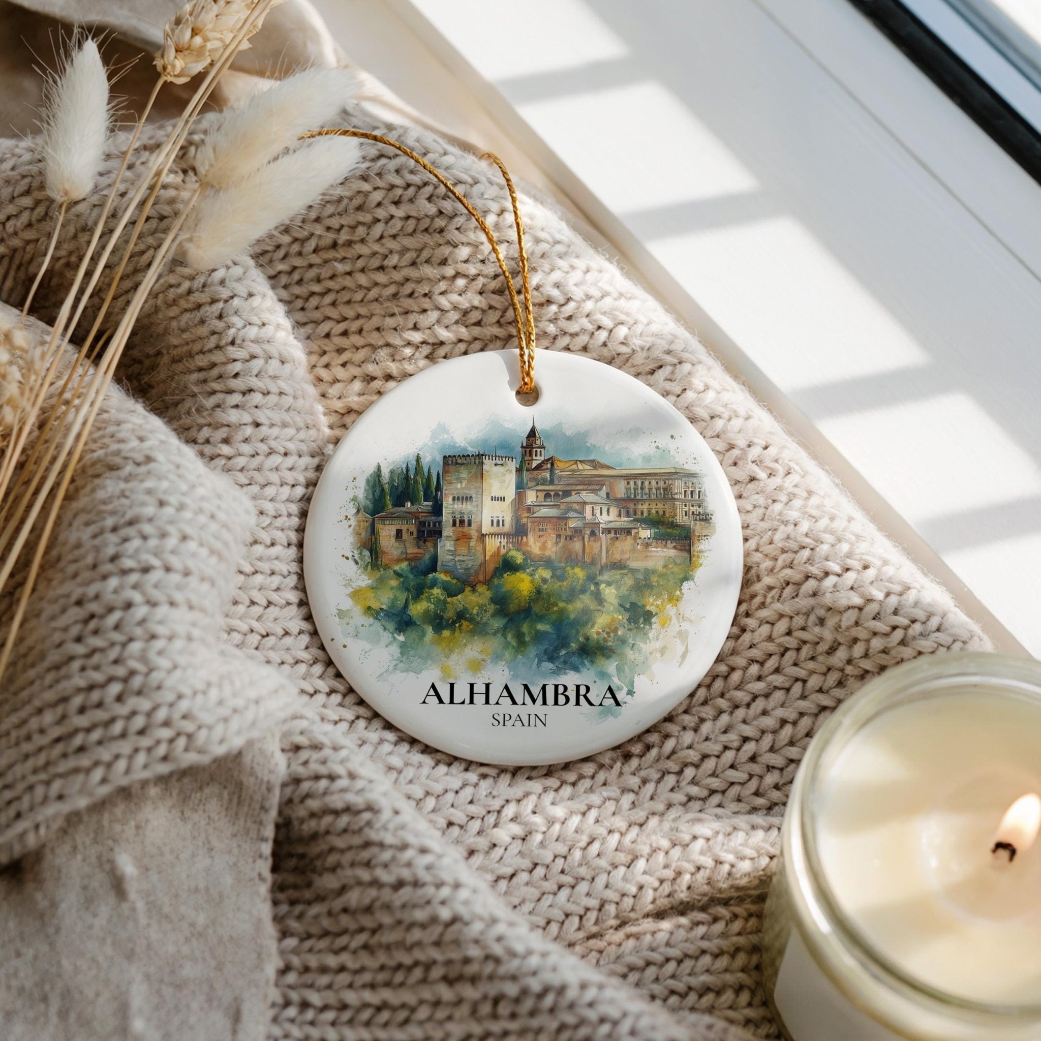 Alhambra Spain Personalized Watercolor Ornament, Custom Ceramic Christmas gift, Travel Keepsake - CuteBeePix