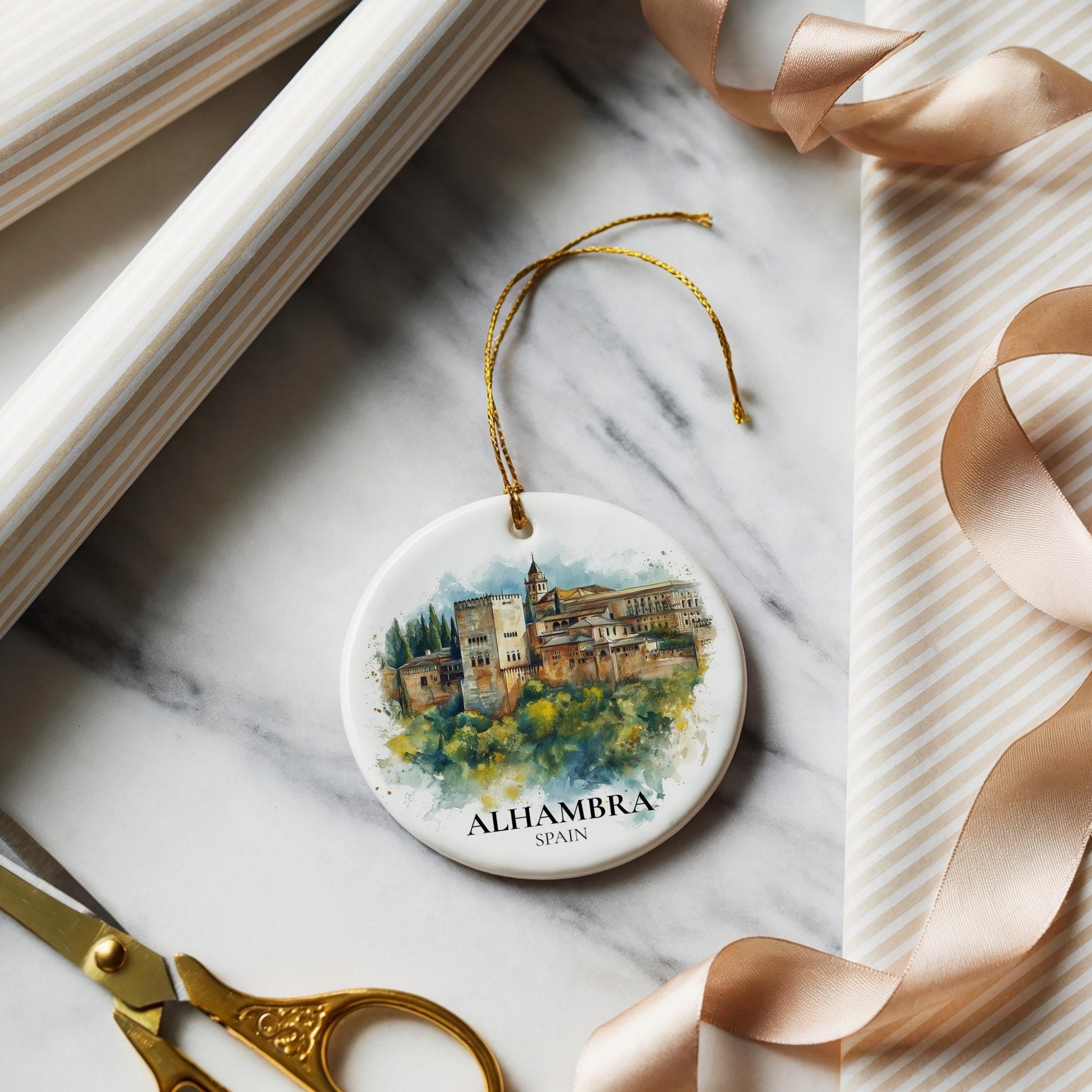 Alhambra Spain Personalized Watercolor Ornament, Custom Ceramic Christmas gift, Travel Keepsake - CuteBeePix