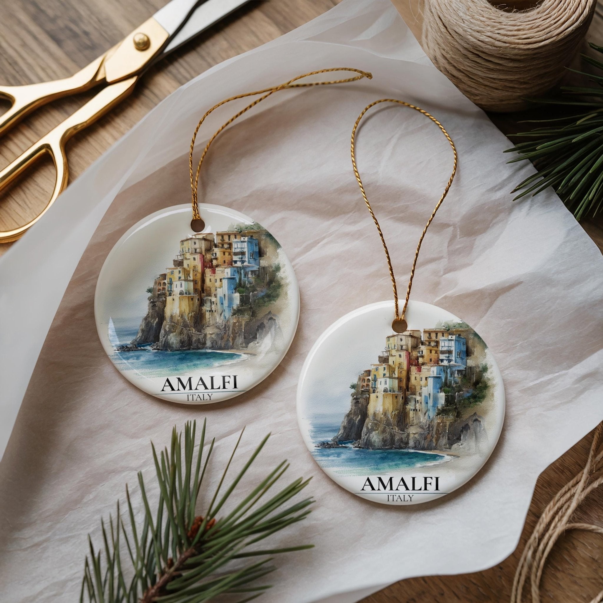 Amalfi Coast Italy Custom Watercolor Ornament, Personalized Ceramic Christmas gift, Travel Keepsake - CuteBeePix