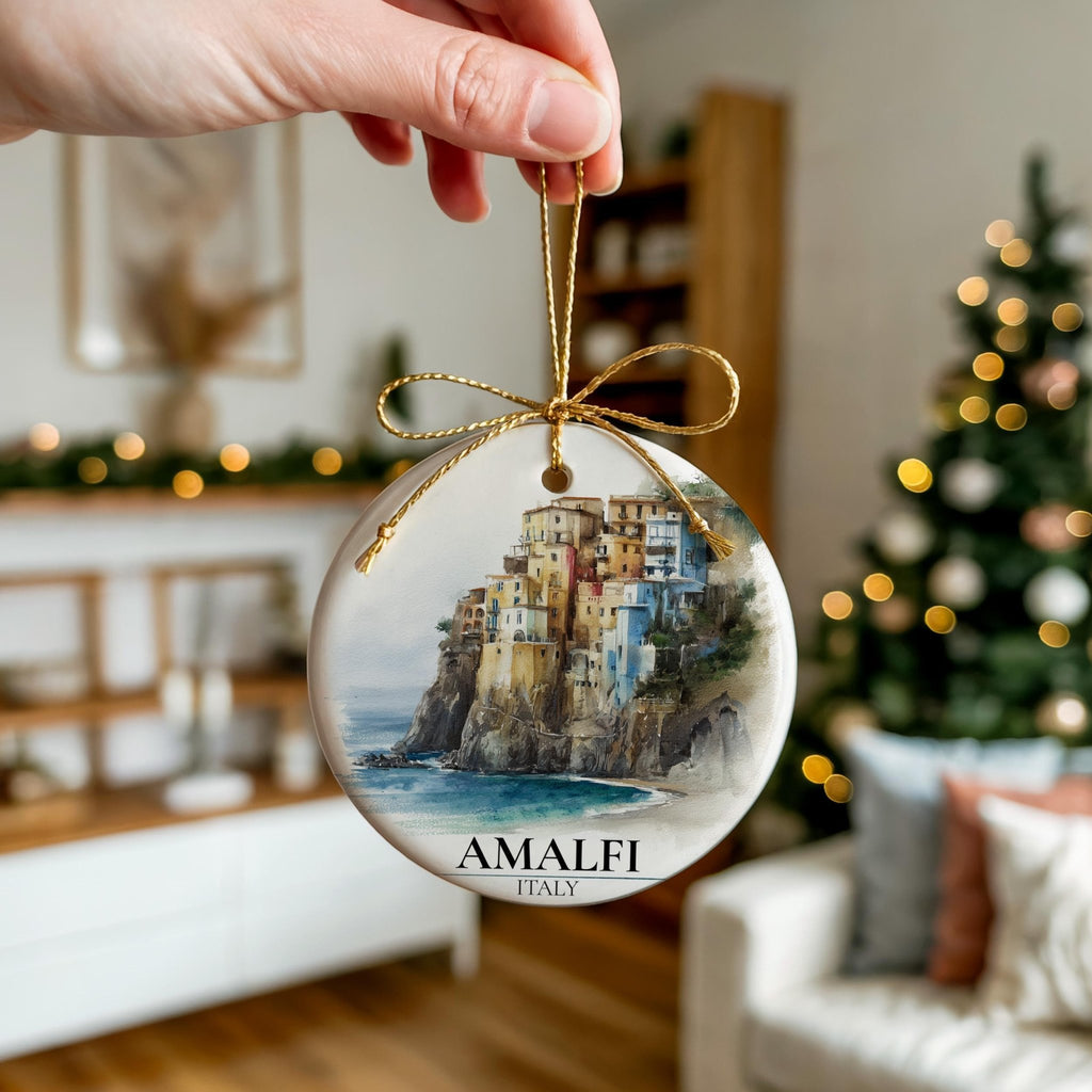 Amalfi Coast Italy Custom Watercolor Ornament, Personalized Ceramic Christmas gift, Travel Keepsake - CuteBeePix