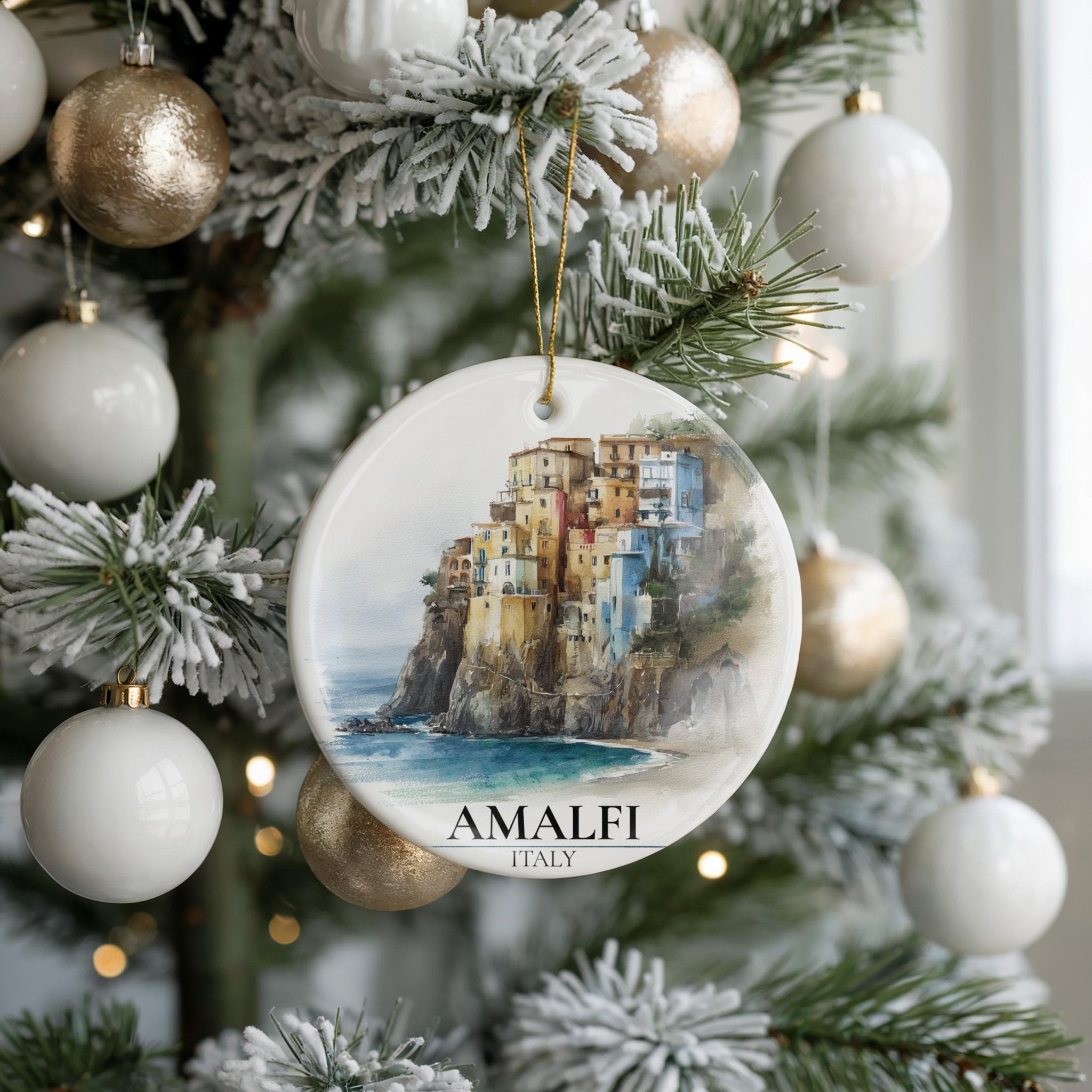 Amalfi Coast Italy Custom Watercolor Ornament, Personalized Ceramic Christmas gift, Travel Keepsake - CuteBeePix