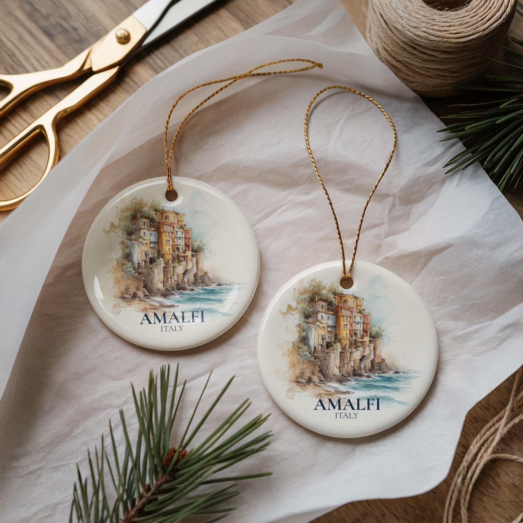 Amalfi Coast Italy Personalized Watercolor Ornament, Custom Ceramic Christmas gift, Travel Keepsake - CuteBeePix