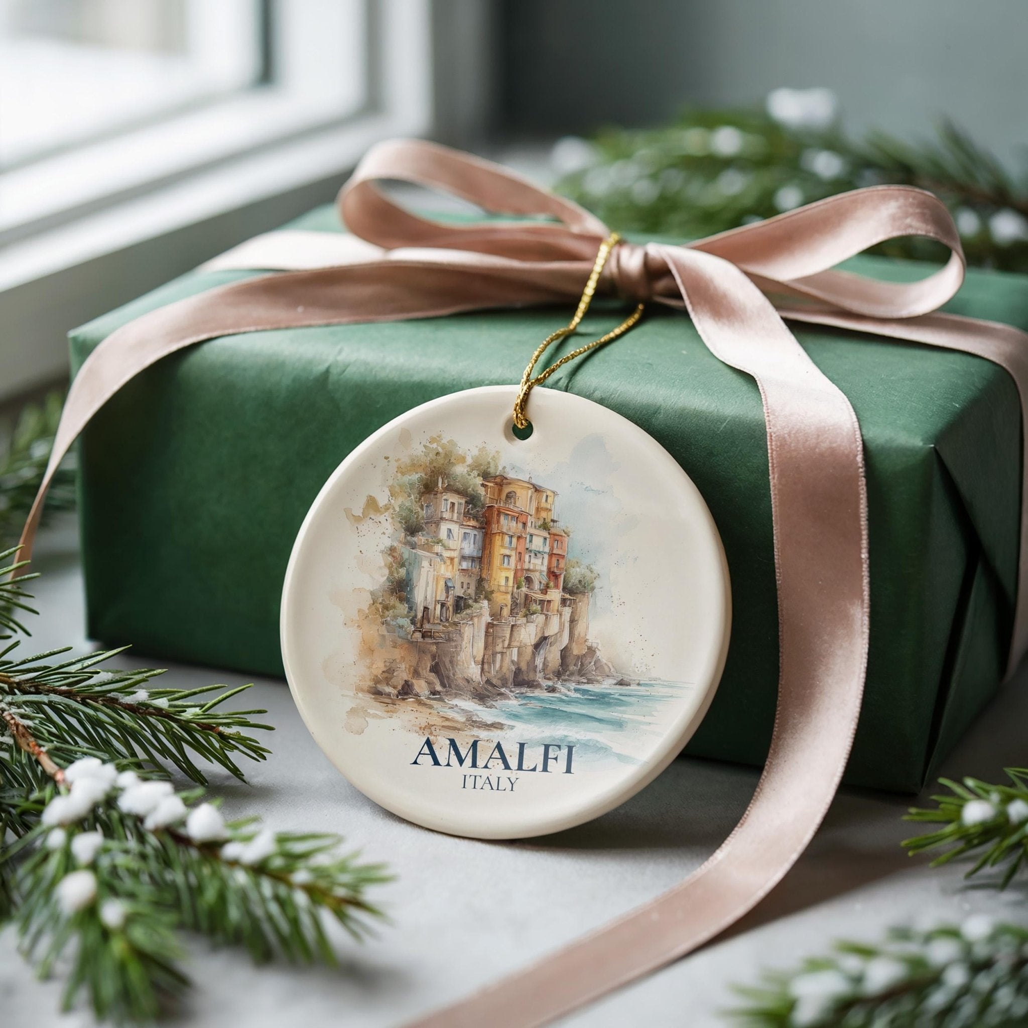 Amalfi Coast Italy Personalized Watercolor Ornament, Custom Ceramic Christmas gift, Travel Keepsake - CuteBeePix