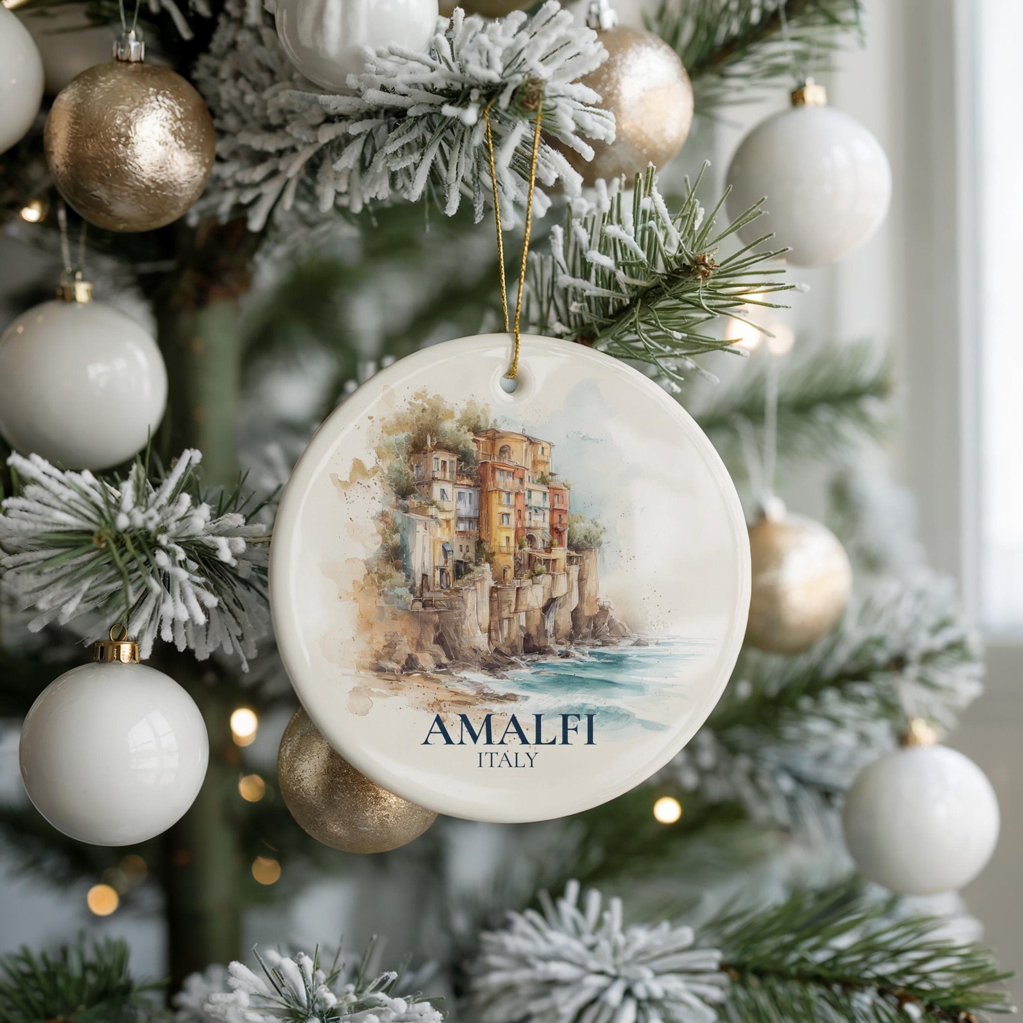 Amalfi Coast Italy Personalized Watercolor Ornament, Custom Ceramic Christmas gift, Travel Keepsake - CuteBeePix
