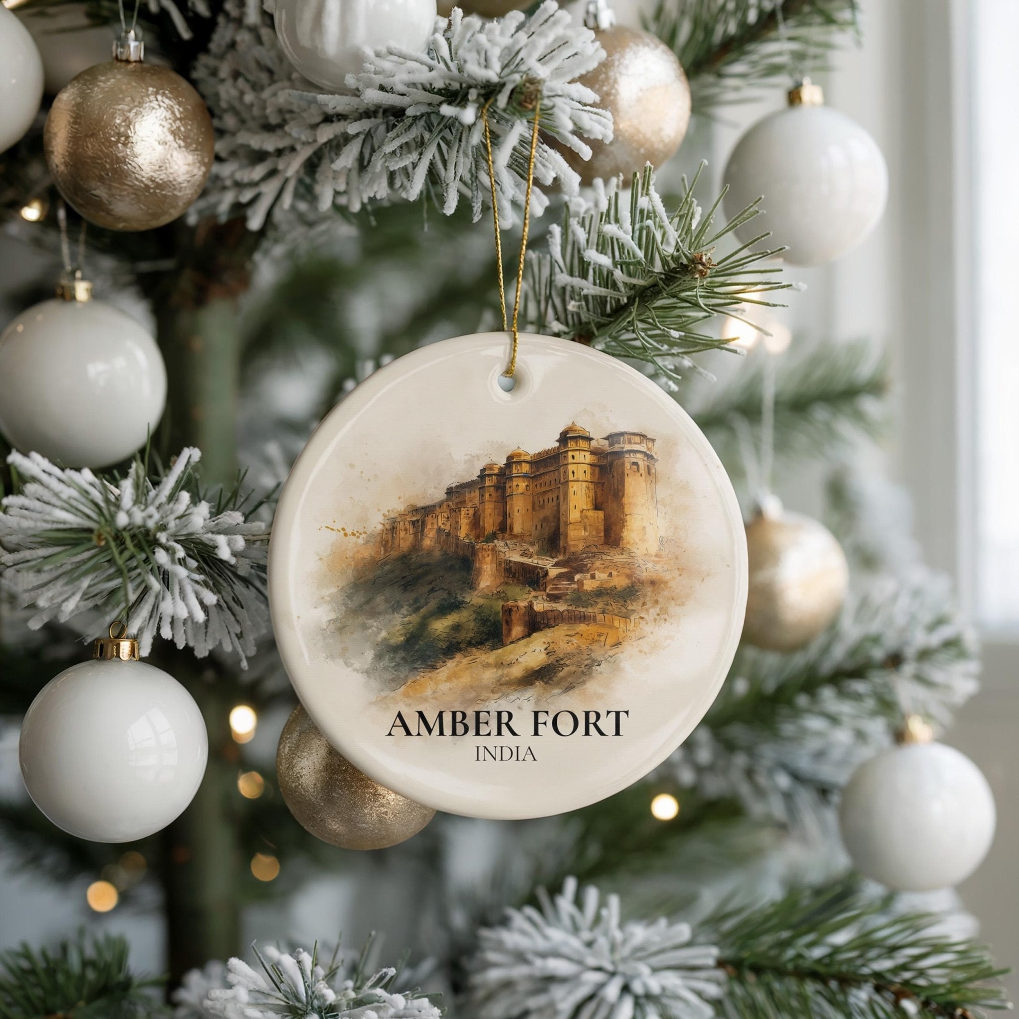 Amber Fort India Personalized Watercolor Ornament, Custom Ceramic Christmas gift, Travel Keepsake - CuteBeePix