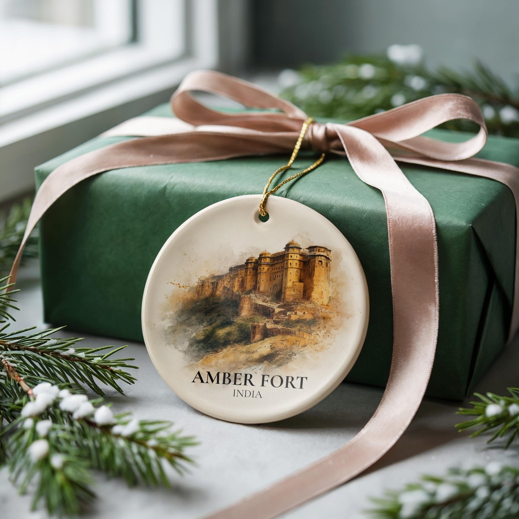 Amber Fort India Personalized Watercolor Ornament, Custom Ceramic Christmas gift, Travel Keepsake - CuteBeePix
