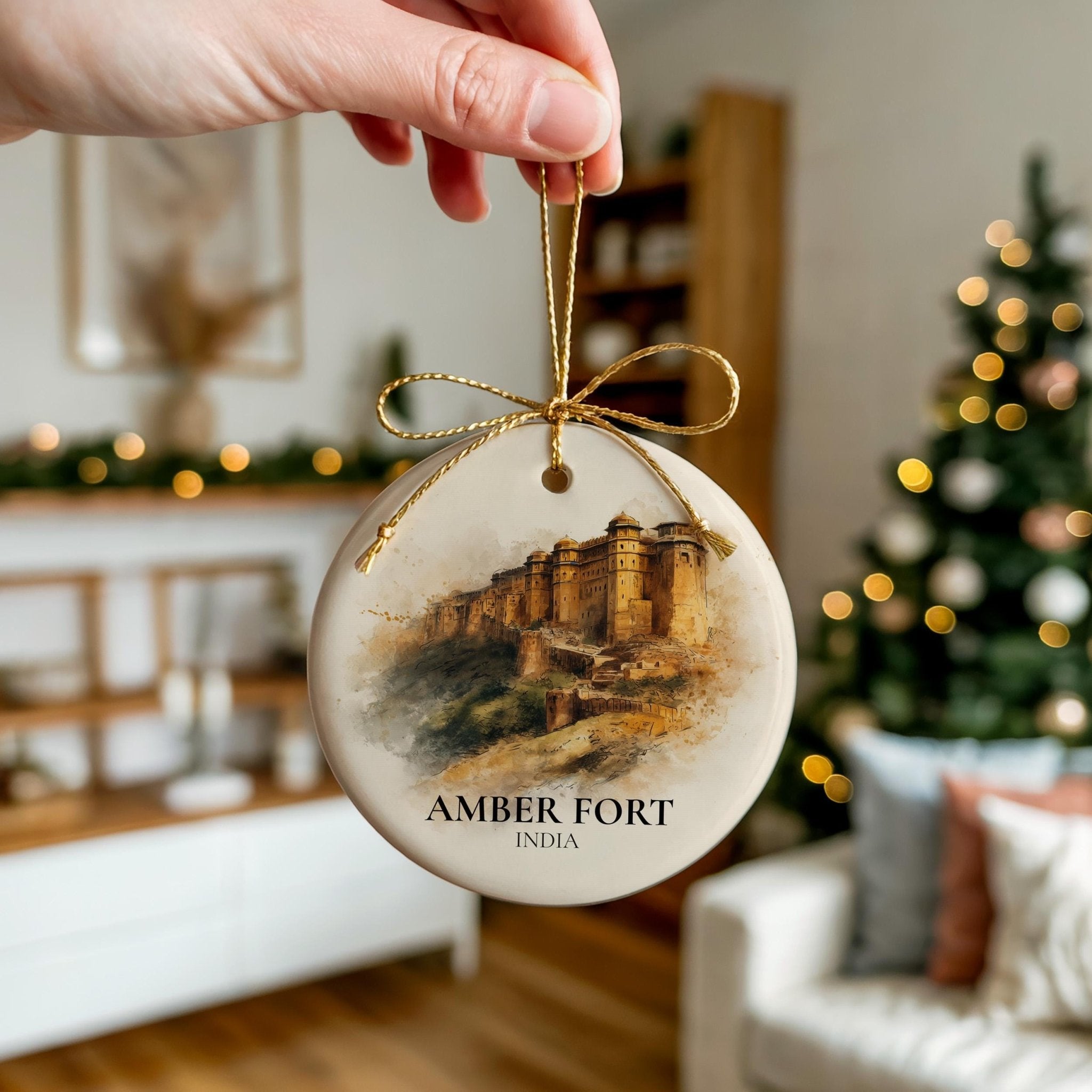 Amber Fort India Personalized Watercolor Ornament, Custom Ceramic Christmas gift, Travel Keepsake - CuteBeePix