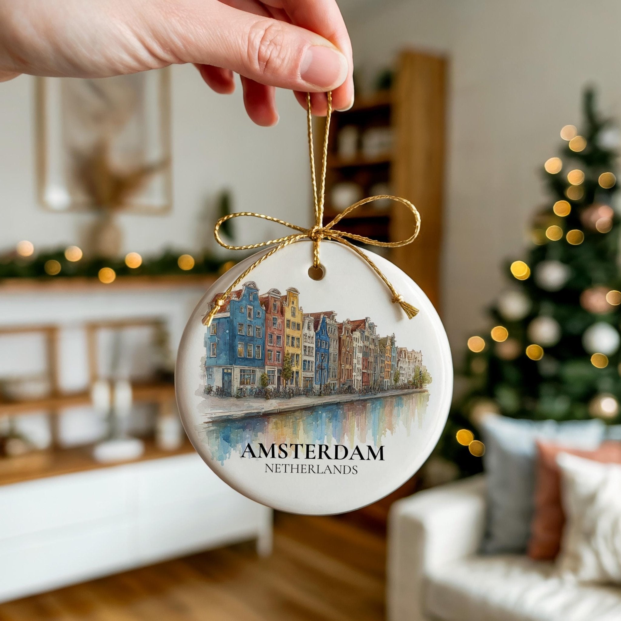 Amsterdam Netherlands Custom Watercolor Ornament, Personalized Ceramic Christmas gift, Travel Keepsake - CuteBeePix