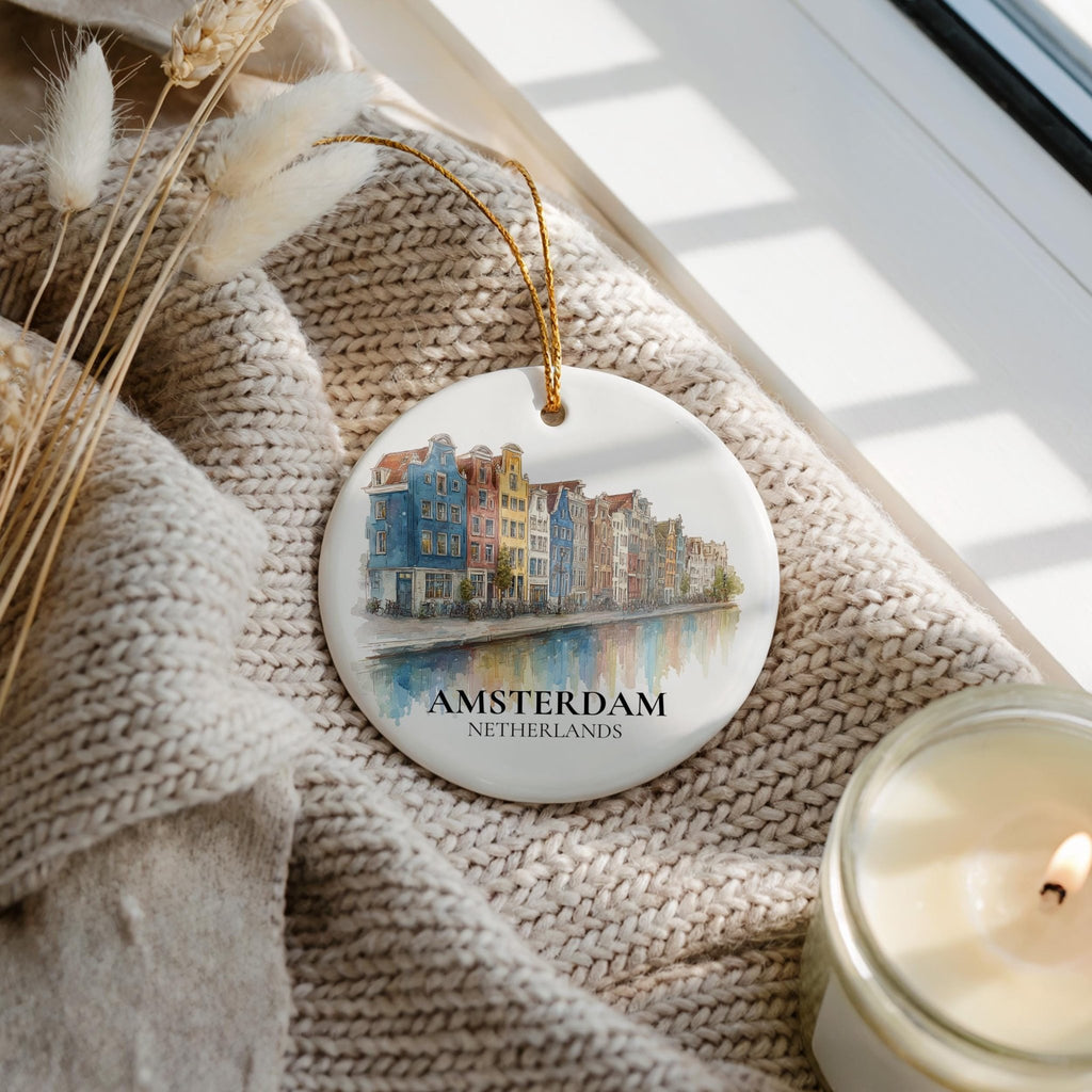 Amsterdam Netherlands Custom Watercolor Ornament, Personalized Ceramic Christmas gift, Travel Keepsake - CuteBeePix