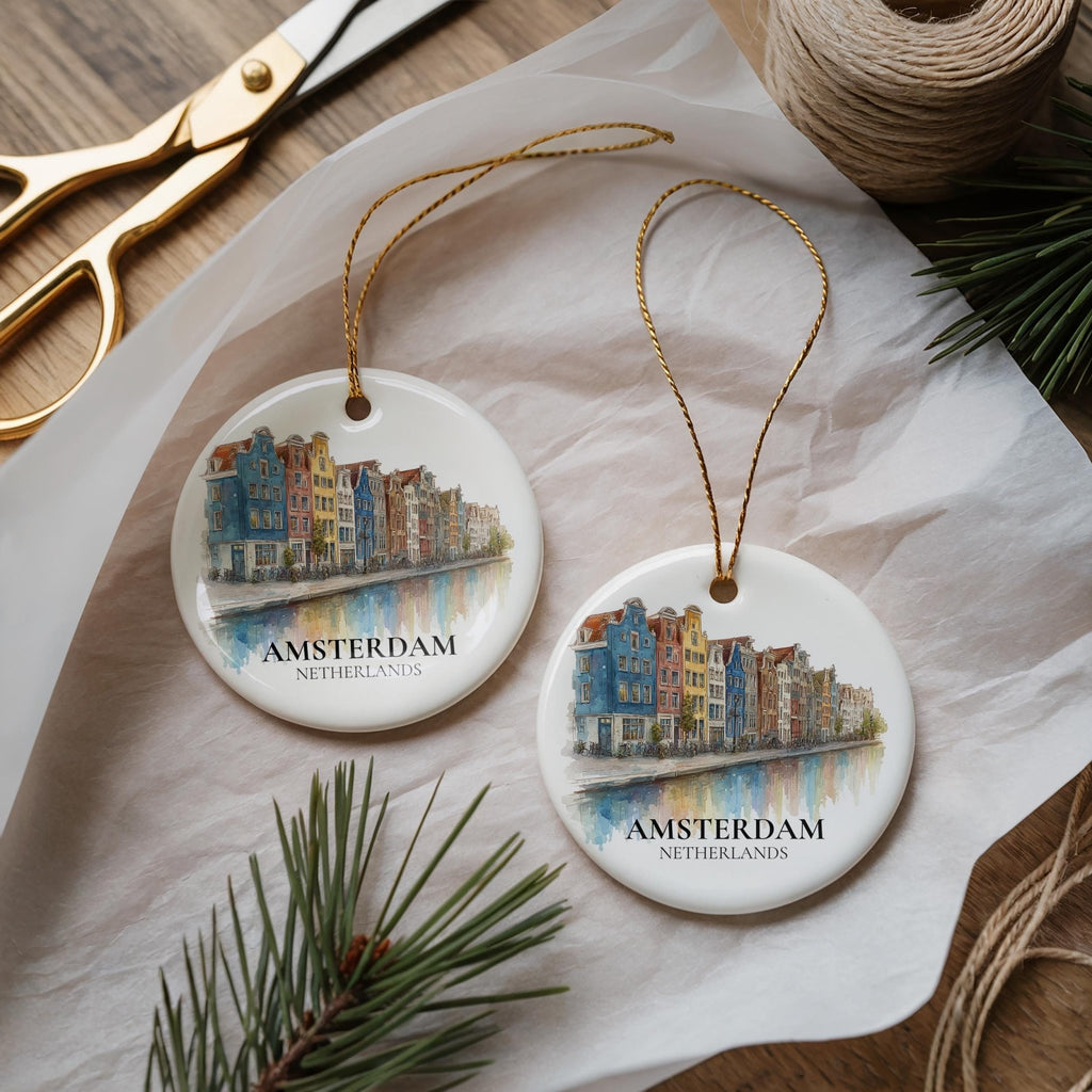 Amsterdam Netherlands Custom Watercolor Ornament, Personalized Ceramic Christmas gift, Travel Keepsake - CuteBeePix