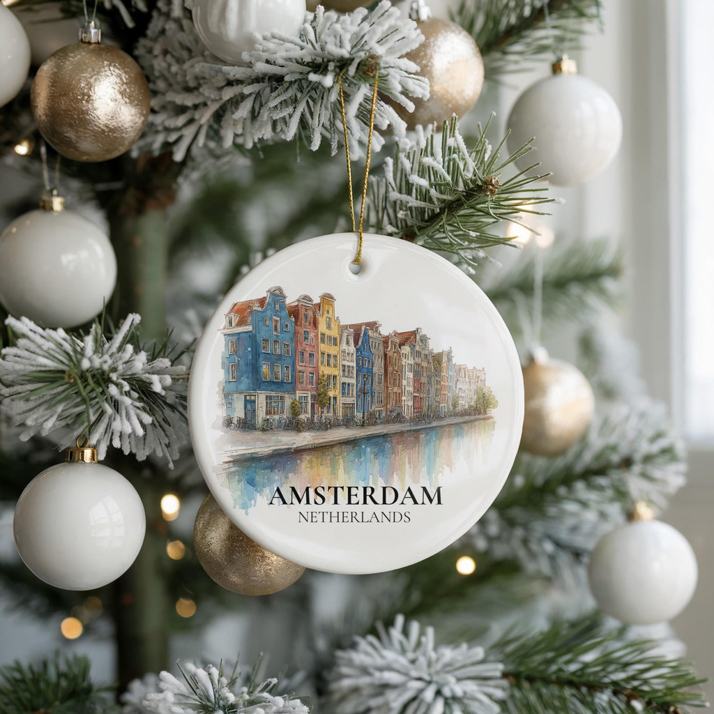 Amsterdam Netherlands Custom Watercolor Ornament, Personalized Ceramic Christmas gift, Travel Keepsake - CuteBeePix