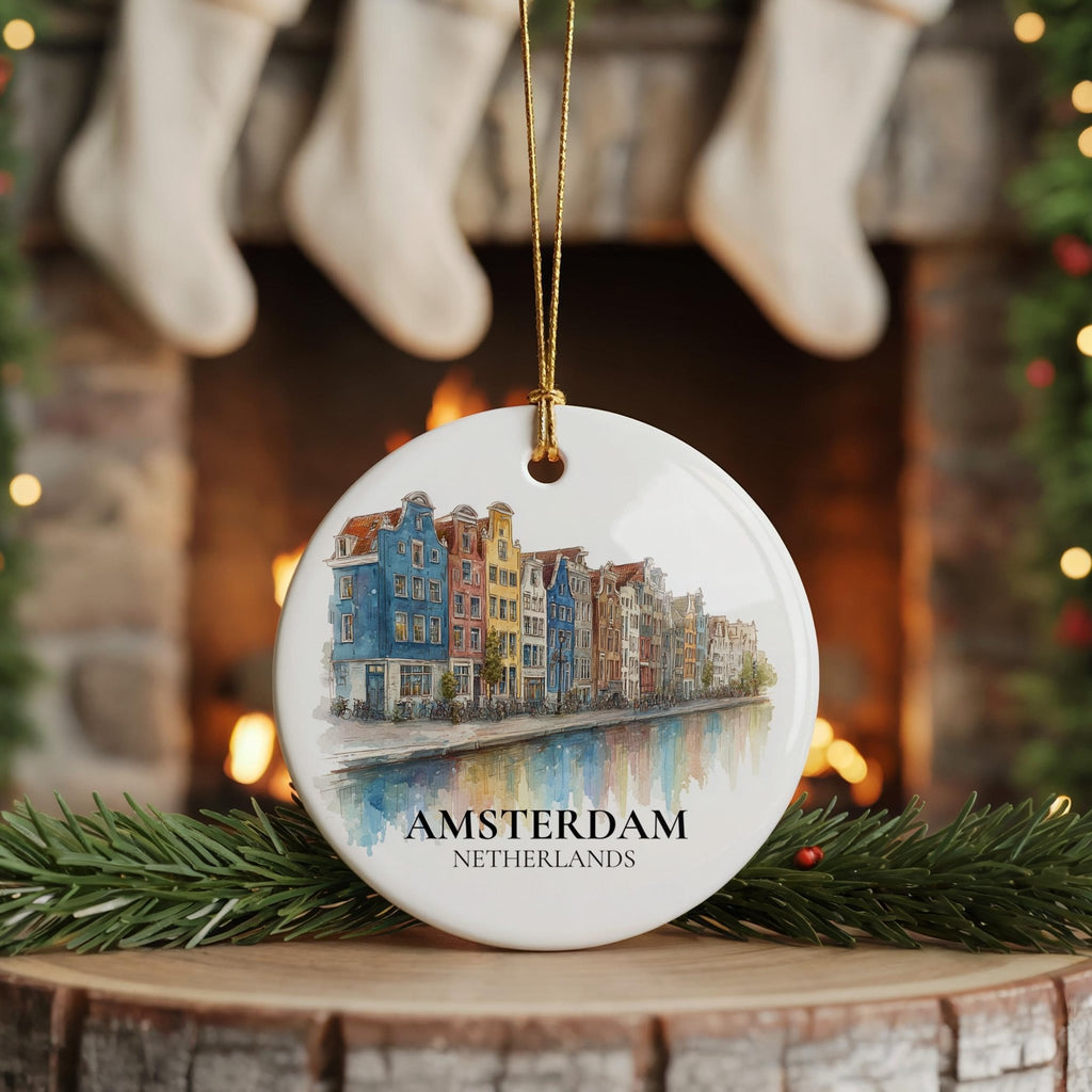 Amsterdam Netherlands Custom Watercolor Ornament, Personalized Ceramic Christmas gift, Travel Keepsake - CuteBeePix