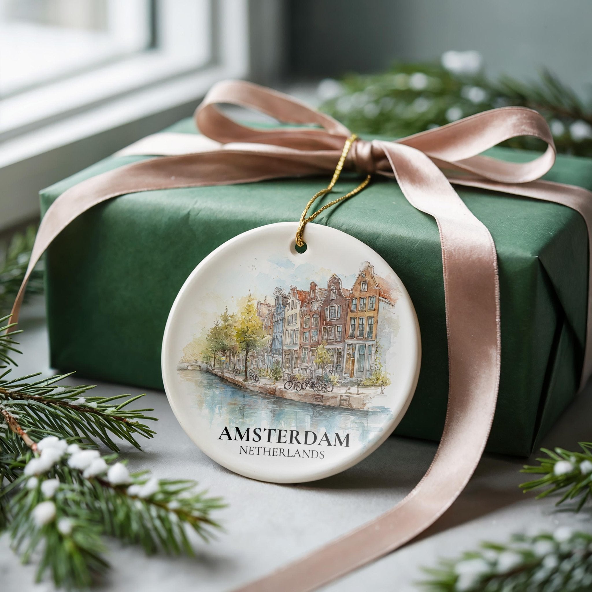 Amsterdam Netherlands Personalized Watercolor Ornament, Custom Ceramic Christmas gift, Travel Keepsake - CuteBeePix