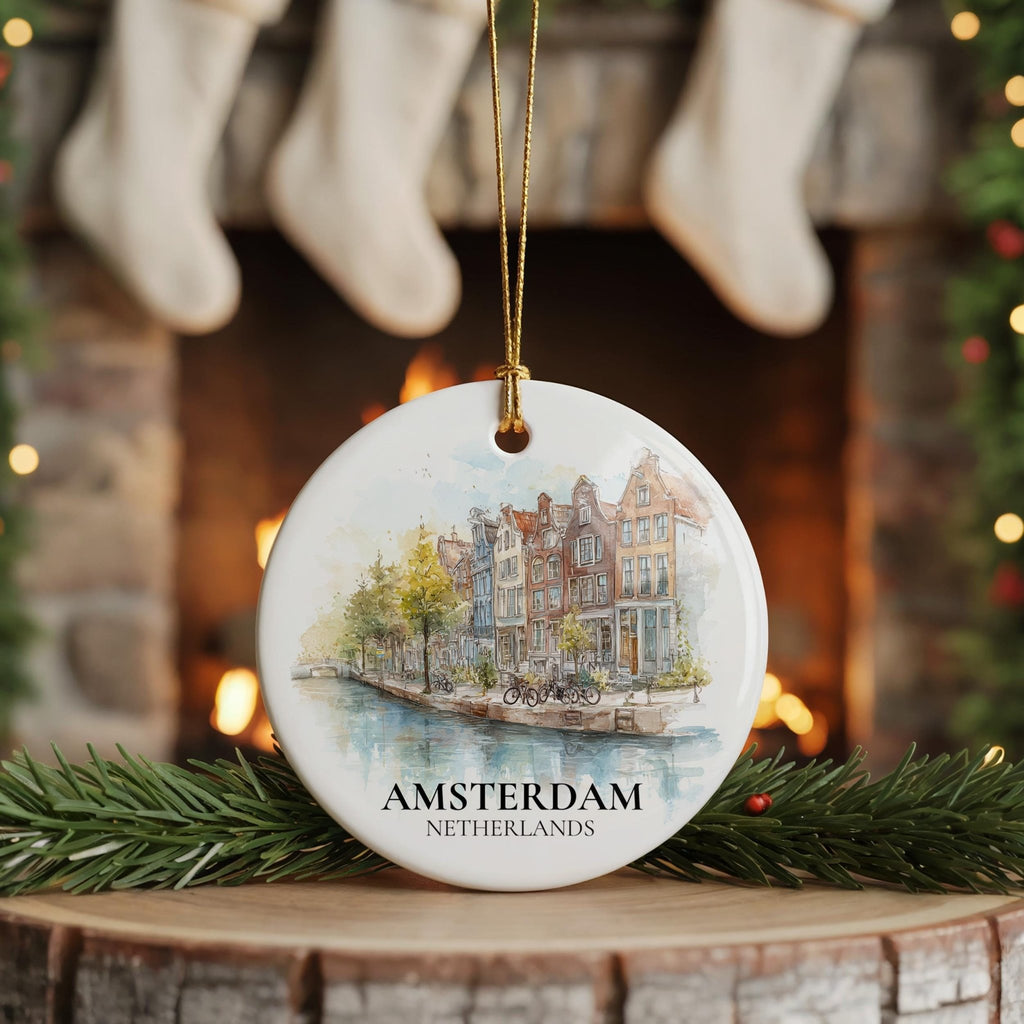 Amsterdam Netherlands Personalized Watercolor Ornament, Custom Ceramic Christmas gift, Travel Keepsake - CuteBeePix
