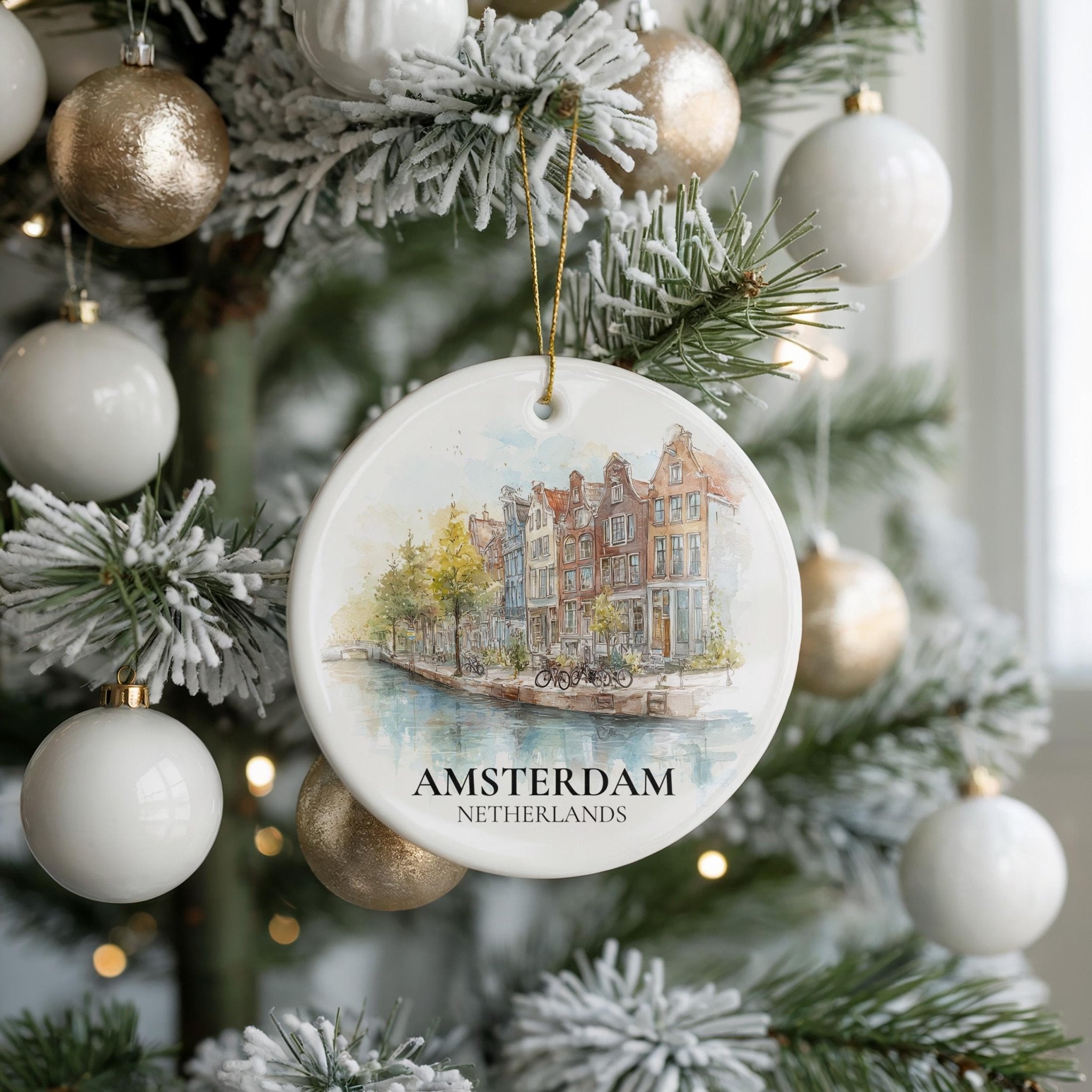 Amsterdam Netherlands Personalized Watercolor Ornament, Custom Ceramic Christmas gift, Travel Keepsake - CuteBeePix