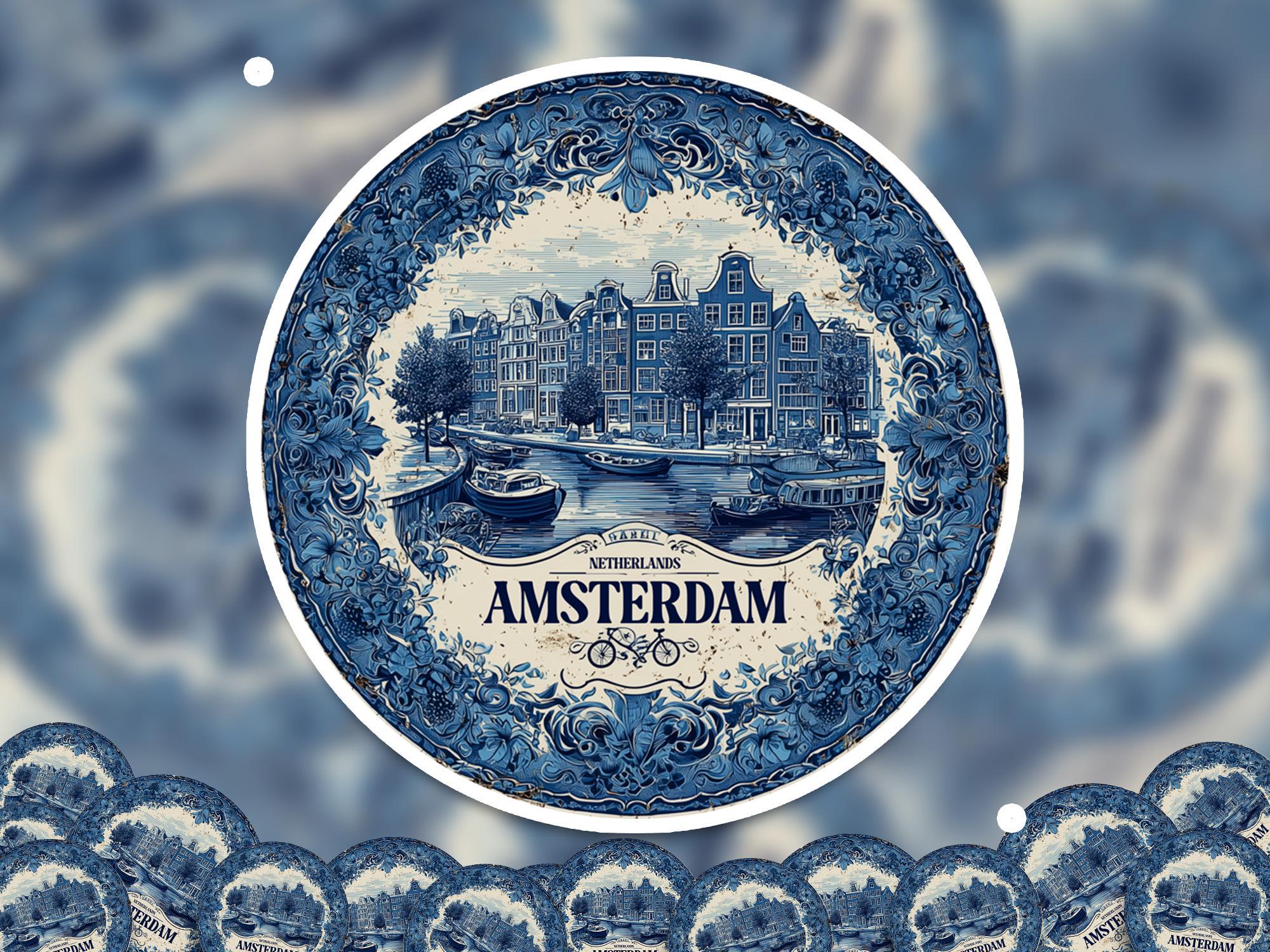 Amsterdam Sticker, Netherlands Vintage Delft style, Delftware Decal Waterproof Vinyl, Blue City Travel - CuteBeePix