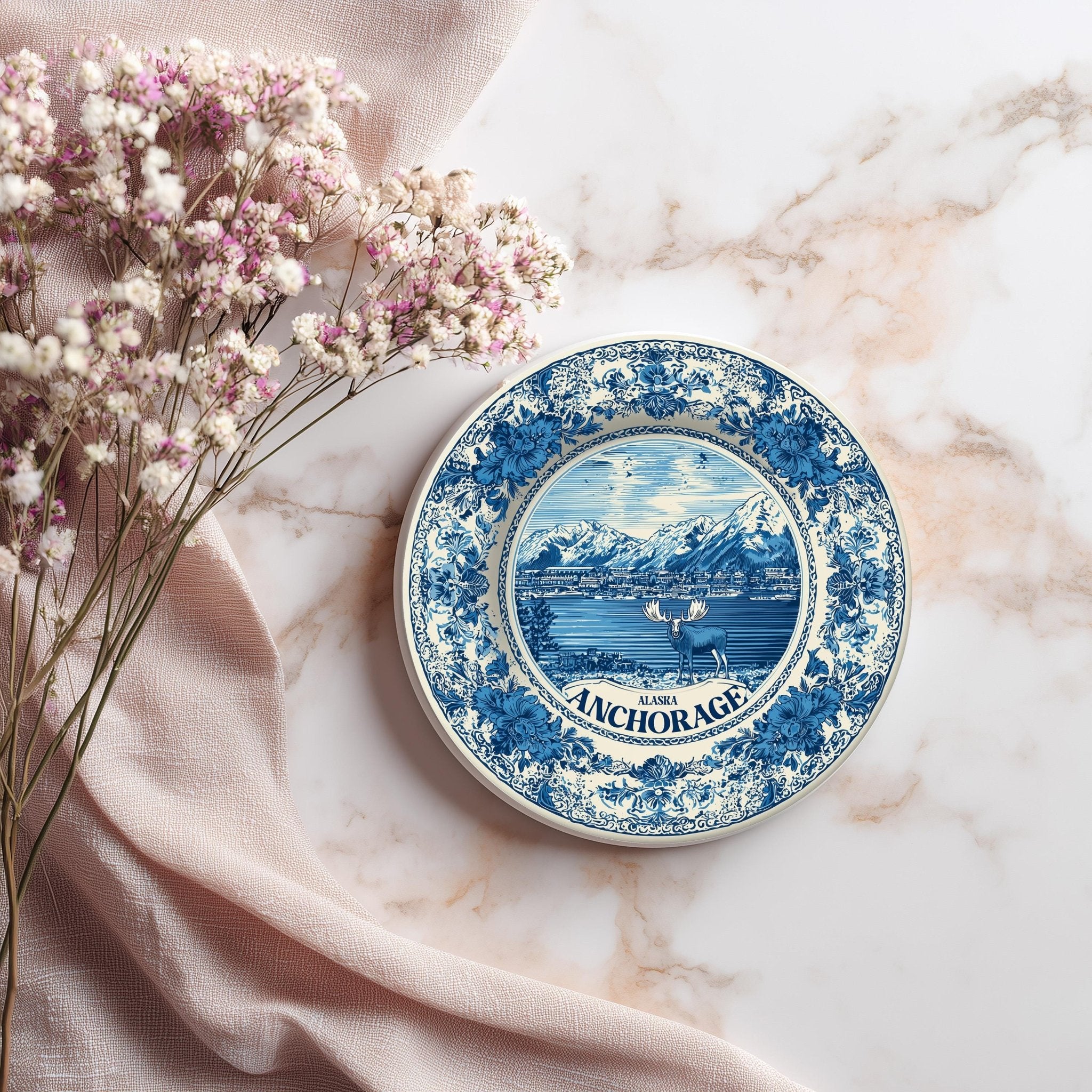 Anchorage Alaska Delftware Ceramic Coaster, Blue White Travel Gift, Vintage Home Decor Collectible - CuteBeePix