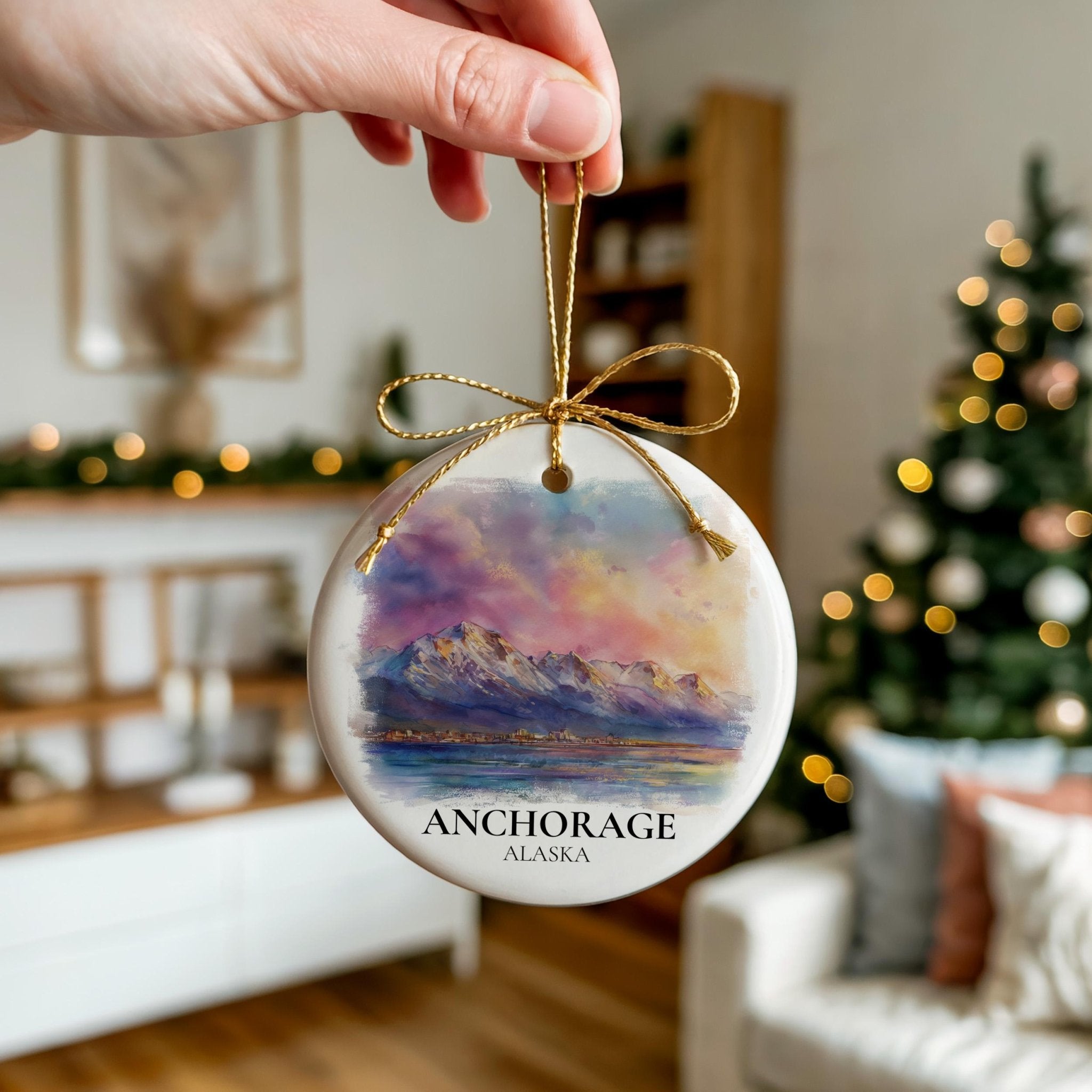 Anchorage Alaska Personalized Watercolor Ornament, Custom Ceramic Christmas gift, Travel Keepsake - CuteBeePix