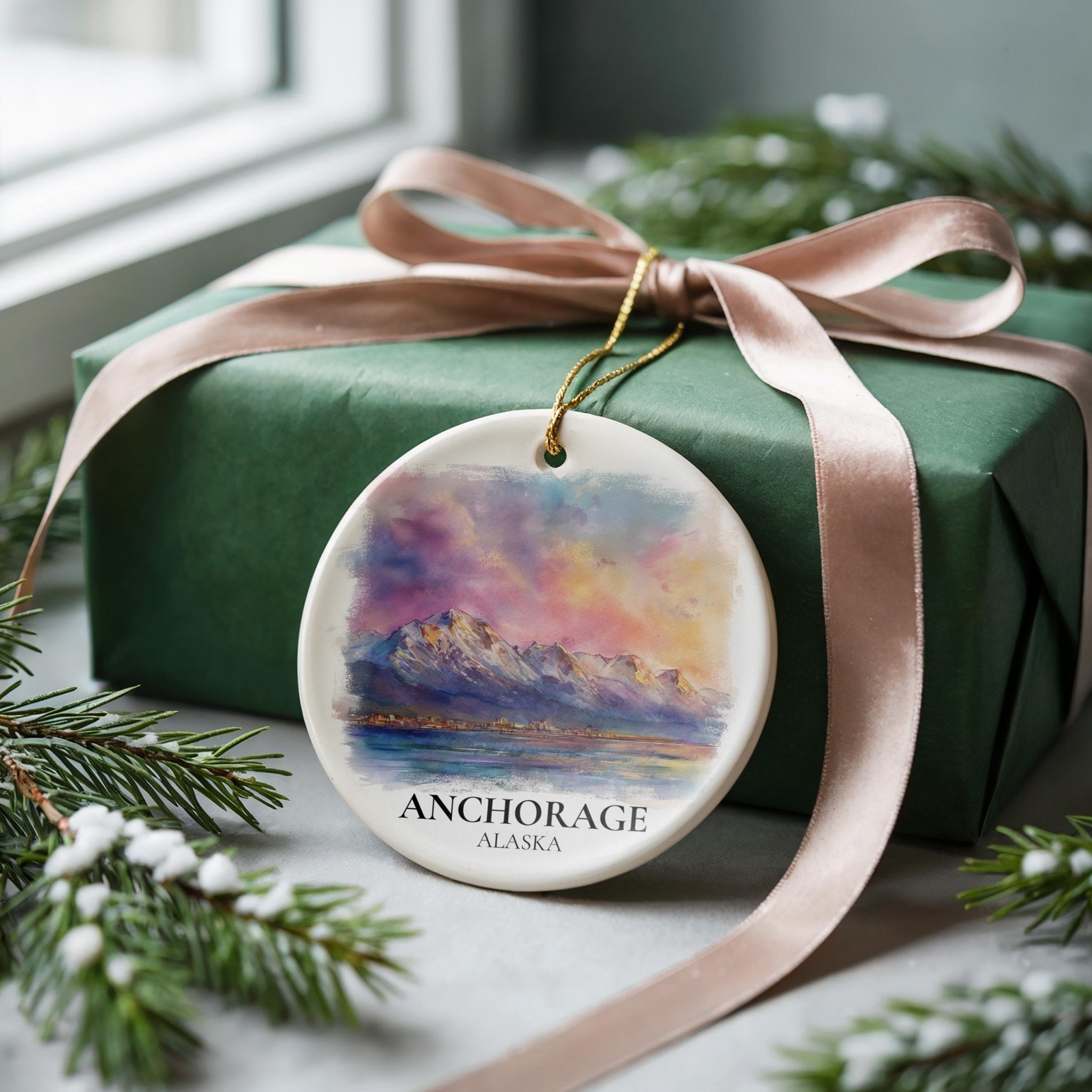 Anchorage Alaska Personalized Watercolor Ornament, Custom Ceramic Christmas gift, Travel Keepsake - CuteBeePix