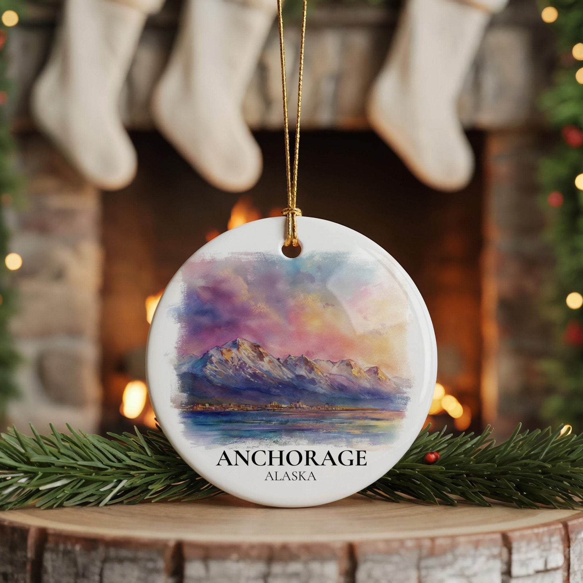 Anchorage Alaska Personalized Watercolor Ornament, Custom Ceramic Christmas gift, Travel Keepsake - CuteBeePix