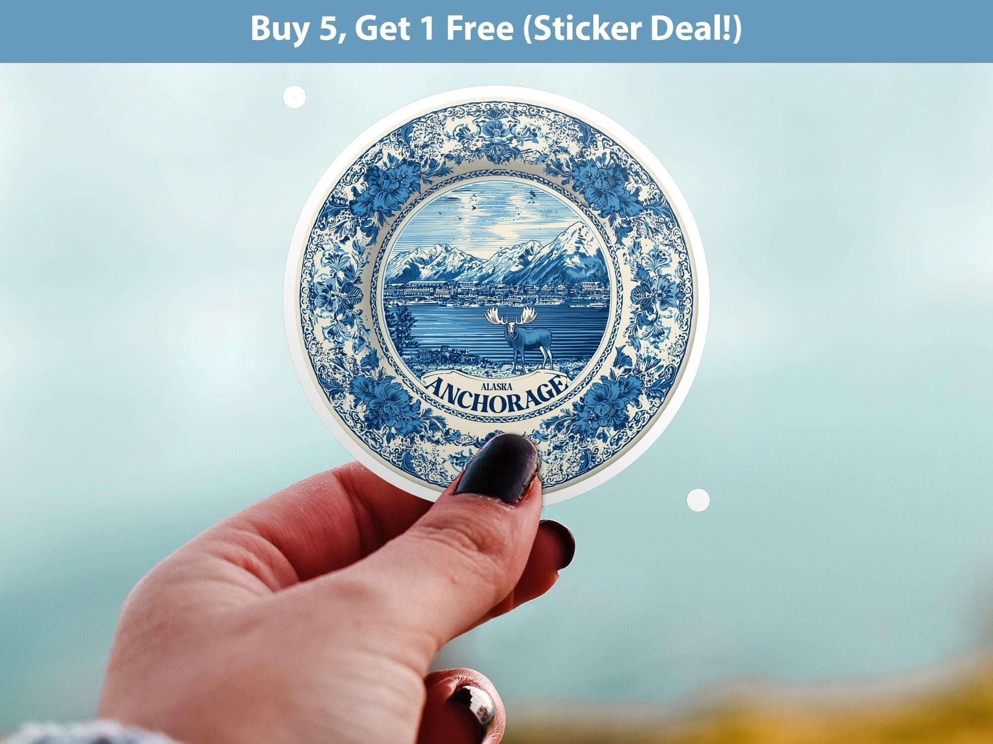 Anchorage Alaska Sticker Vintage Delft style, Delftware Decal Waterproof Vinyl, Blue City Travel USA - CuteBeePix