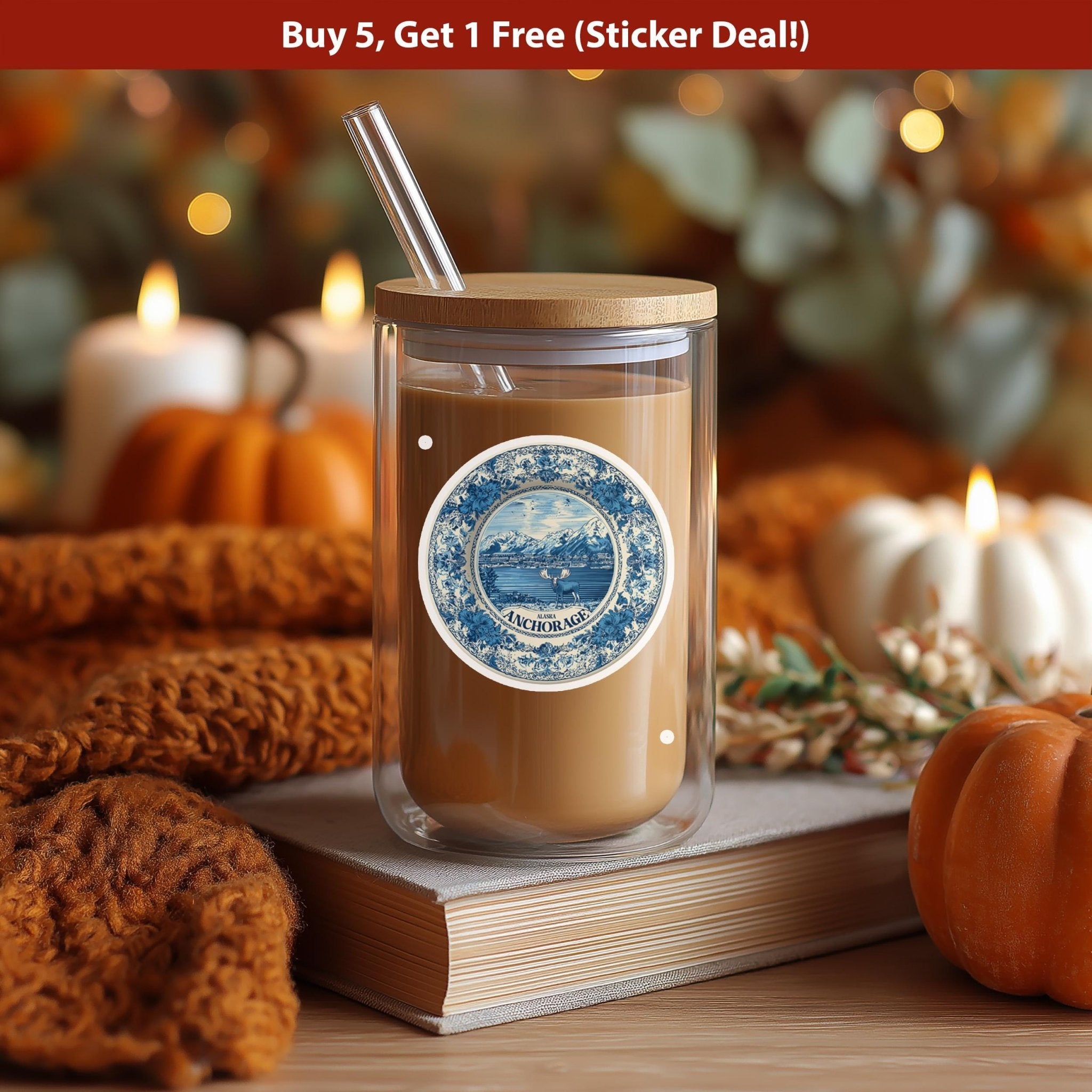 Anchorage Alaska Sticker Vintage Delft style, Delftware Decal Waterproof Vinyl, Blue City Travel USA - CuteBeePix