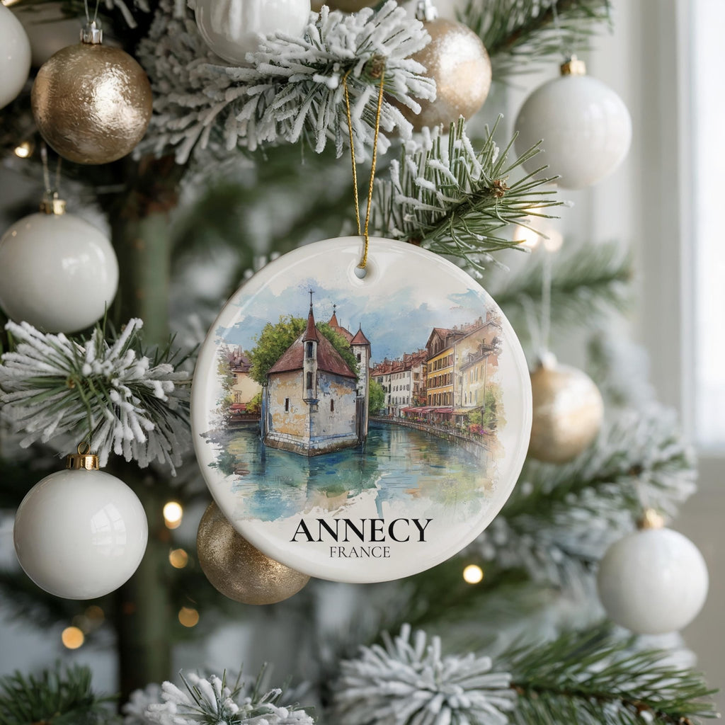 Annecy France Personalized Watercolor Ornament, Custom Ceramic Christmas gift, Travel Keepsake - CuteBeePix