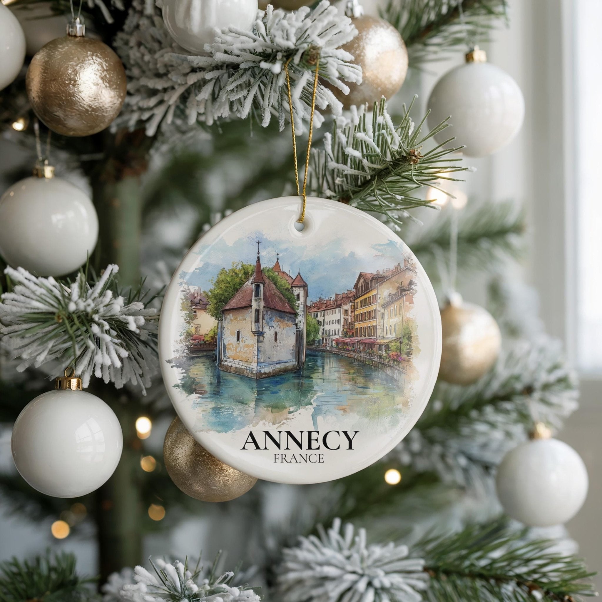 Annecy France Personalized Watercolor Ornament, Custom Ceramic Christmas gift, Travel Keepsake - CuteBeePix