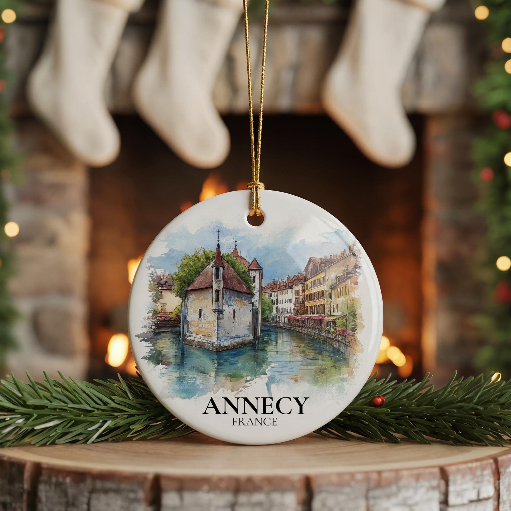 Annecy France Personalized Watercolor Ornament, Custom Ceramic Christmas gift, Travel Keepsake - CuteBeePix
