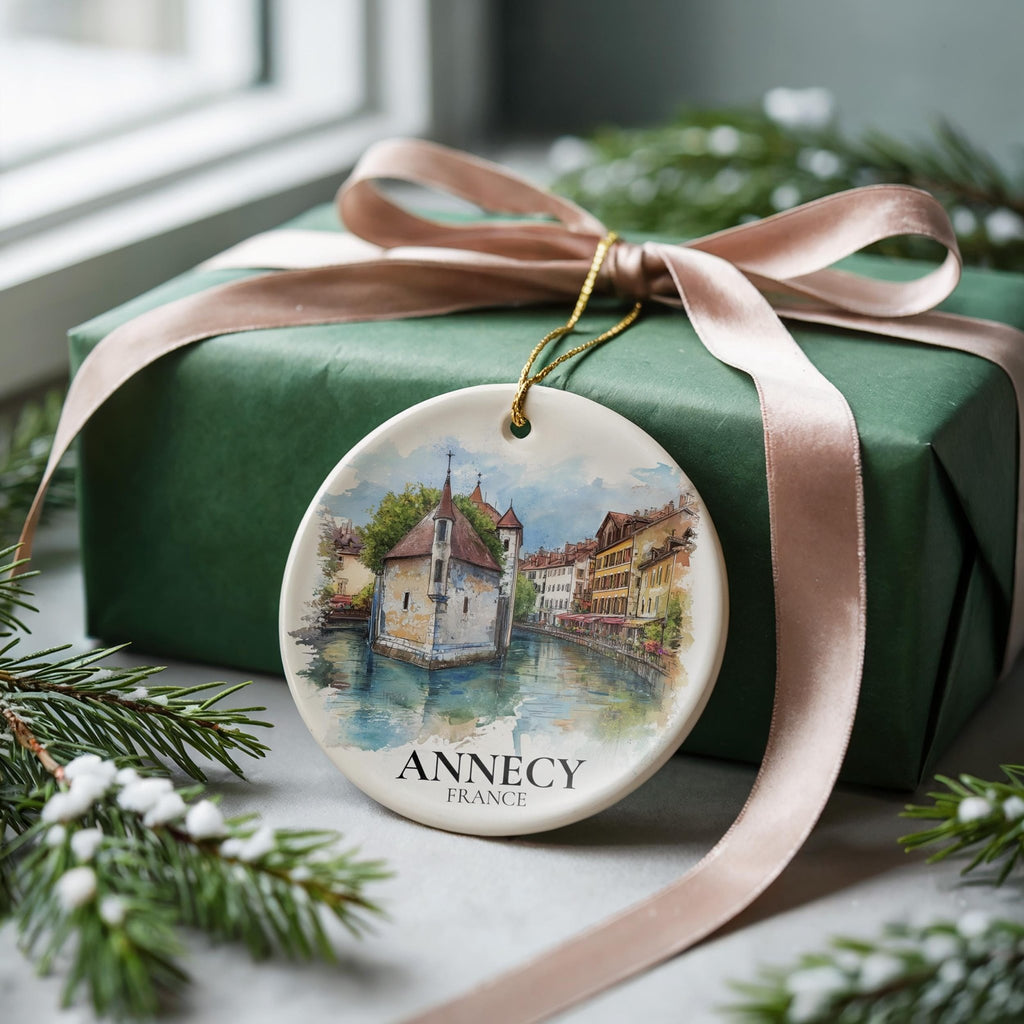 Annecy France Personalized Watercolor Ornament, Custom Ceramic Christmas gift, Travel Keepsake - CuteBeePix
