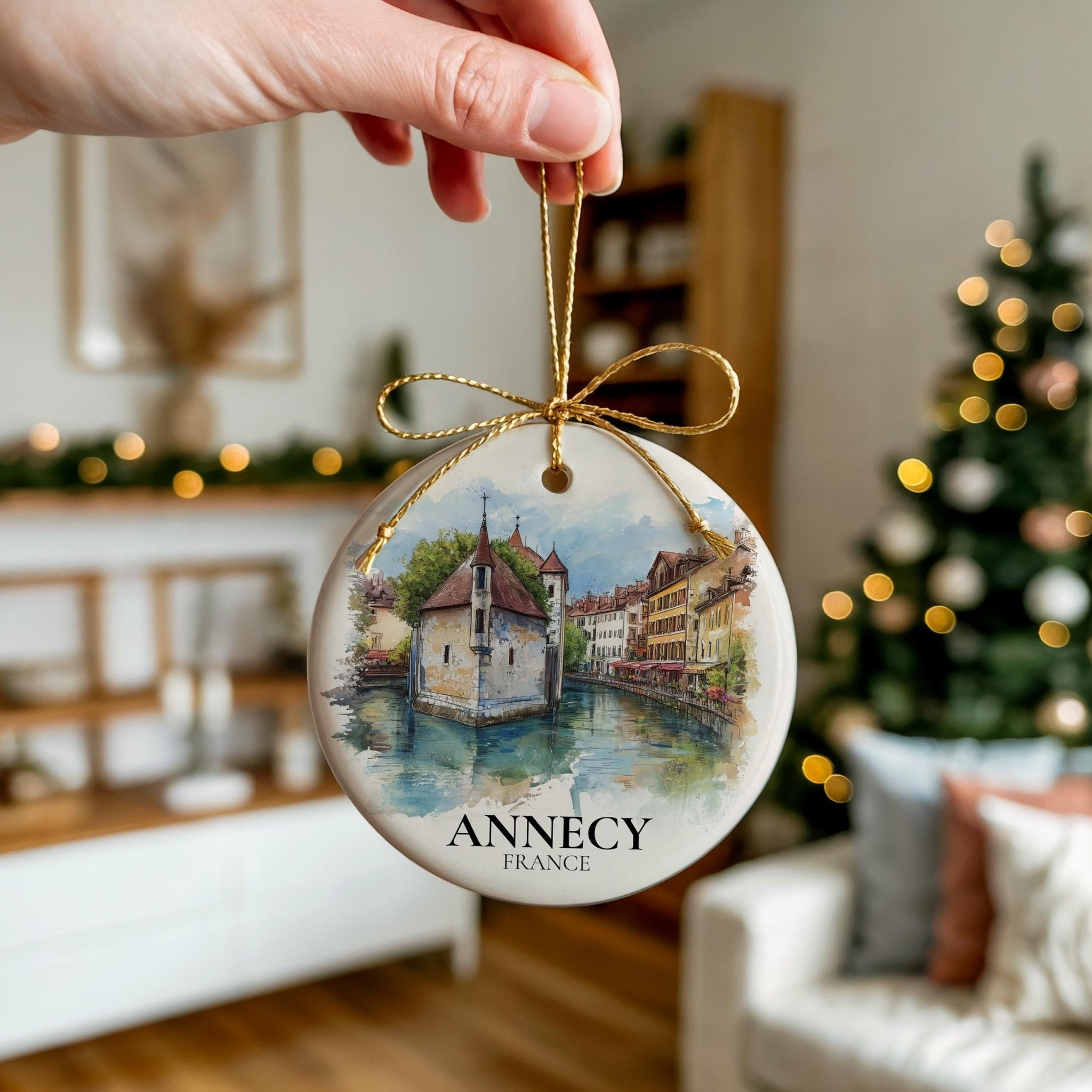 Annecy France Personalized Watercolor Ornament, Custom Ceramic Christmas gift, Travel Keepsake - CuteBeePix