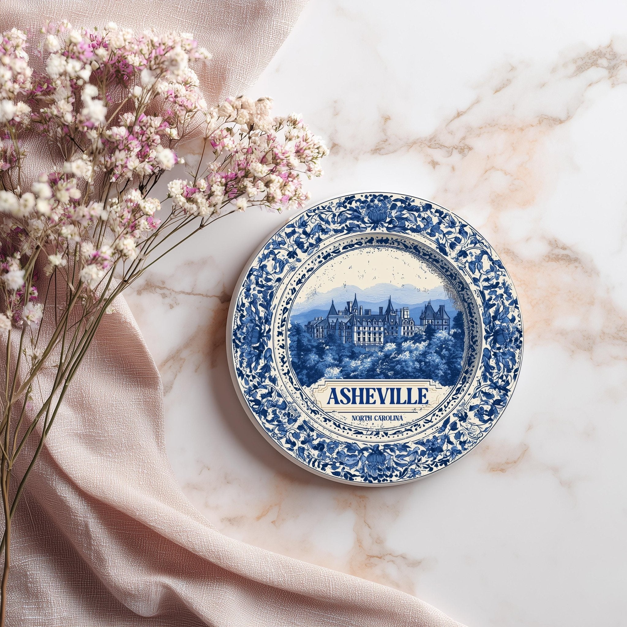 Asheville North Carolina Delftware Ceramic Coaster, Blue White Travel Gift, Vintage Home Decor - CuteBeePix