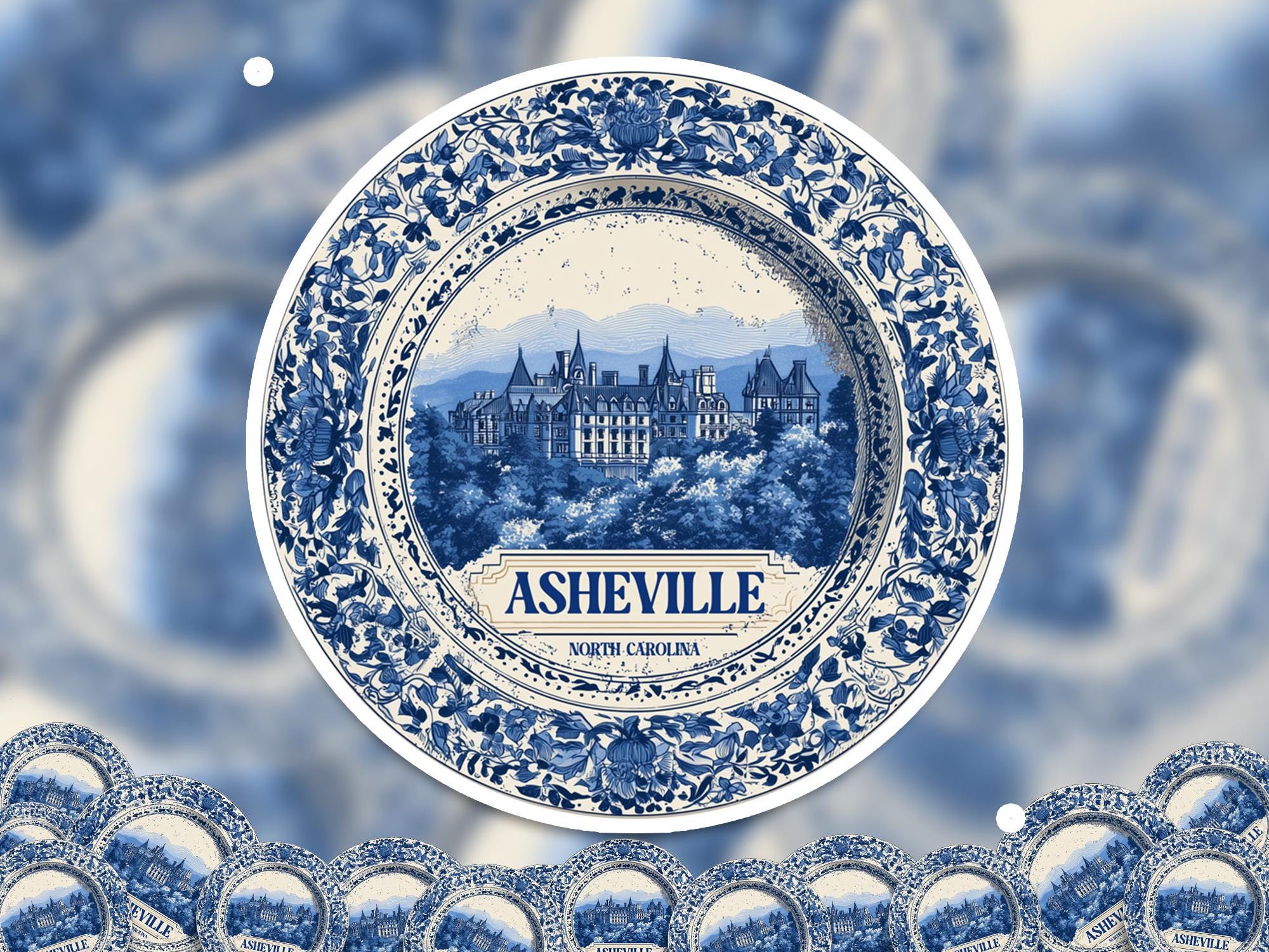 Asheville North Carolina Sticker Vintage Delft style, Delftware Decal Waterproof Vinyl, City Travel USA - CuteBeePix