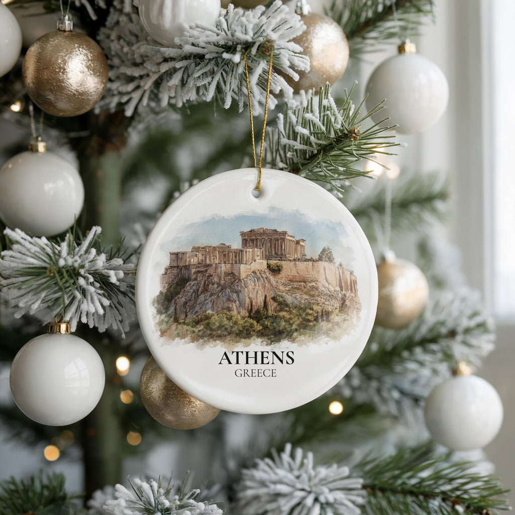 Athens Greece Custom Watercolor Ornament, Personalized Ceramic Christmas gift, Travel Keepsake - CuteBeePix