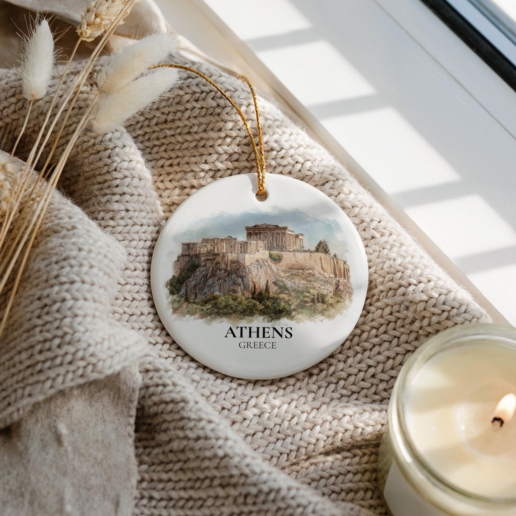 Athens Greece Custom Watercolor Ornament, Personalized Ceramic Christmas gift, Travel Keepsake - CuteBeePix