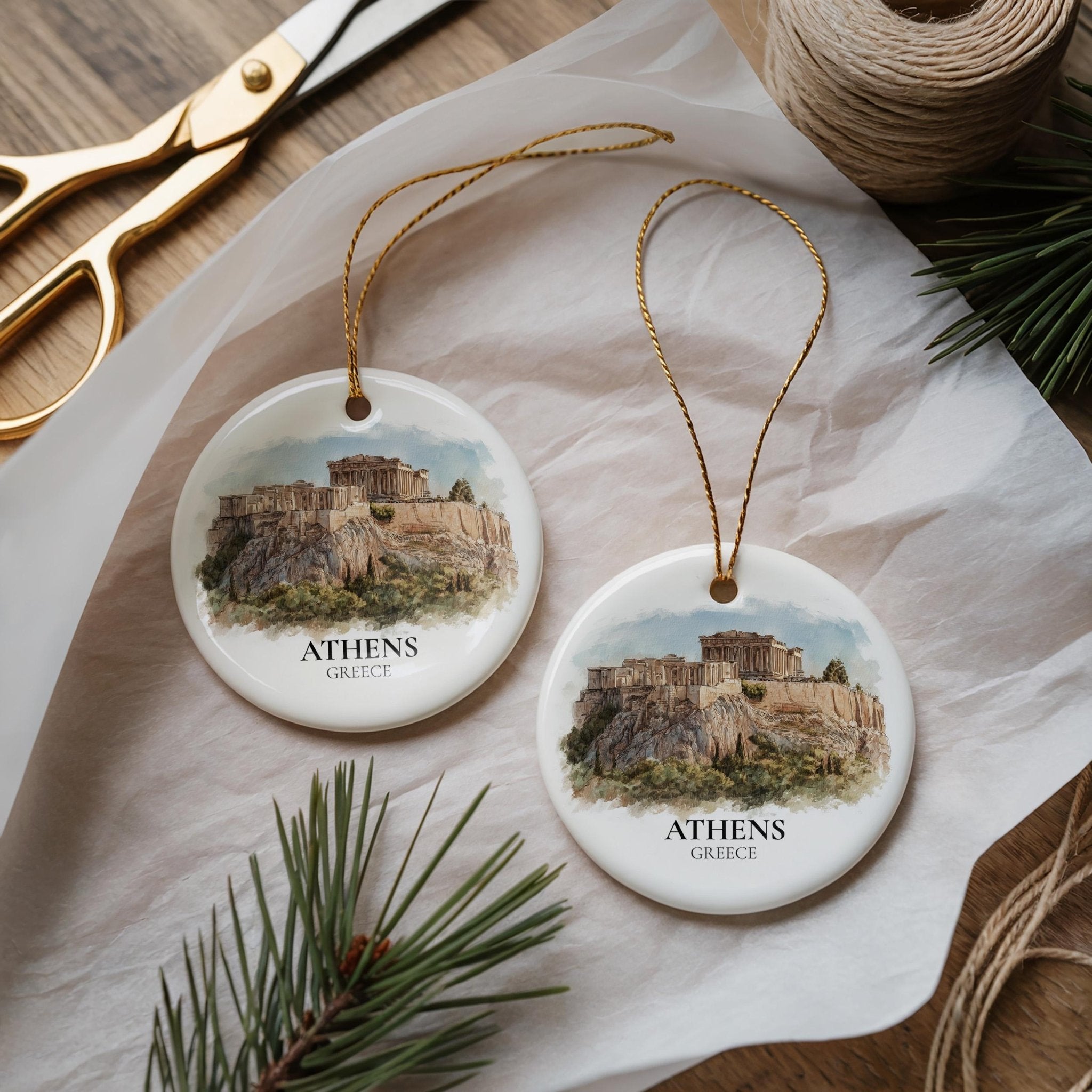 Athens Greece Custom Watercolor Ornament, Personalized Ceramic Christmas gift, Travel Keepsake - CuteBeePix