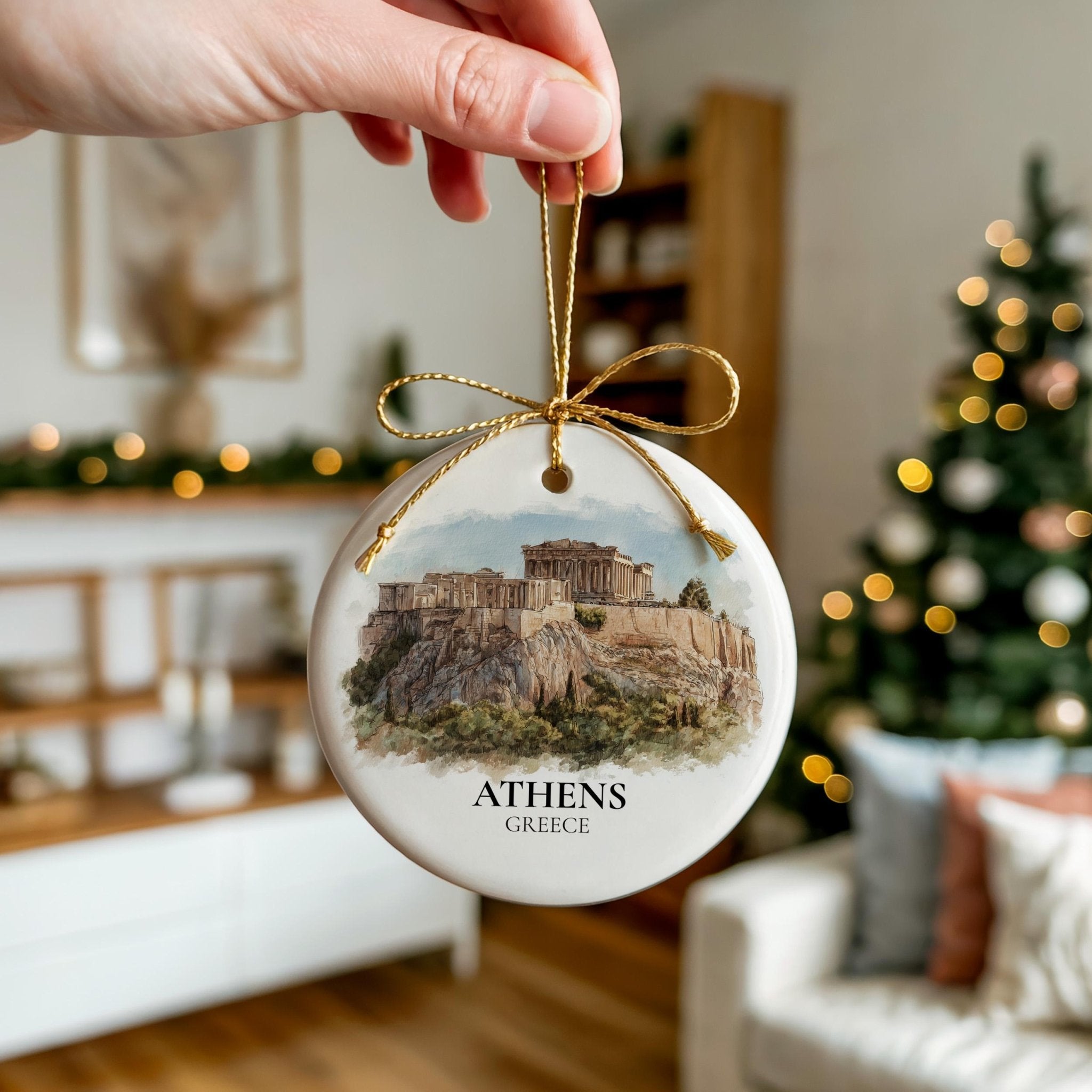 Athens Greece Custom Watercolor Ornament, Personalized Ceramic Christmas gift, Travel Keepsake - CuteBeePix