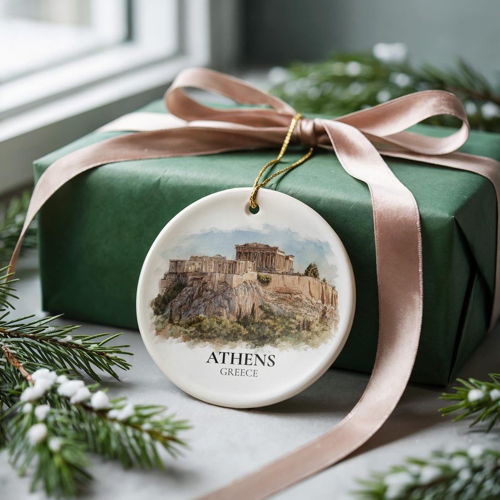 Athens Greece Custom Watercolor Ornament, Personalized Ceramic Christmas gift, Travel Keepsake - CuteBeePix