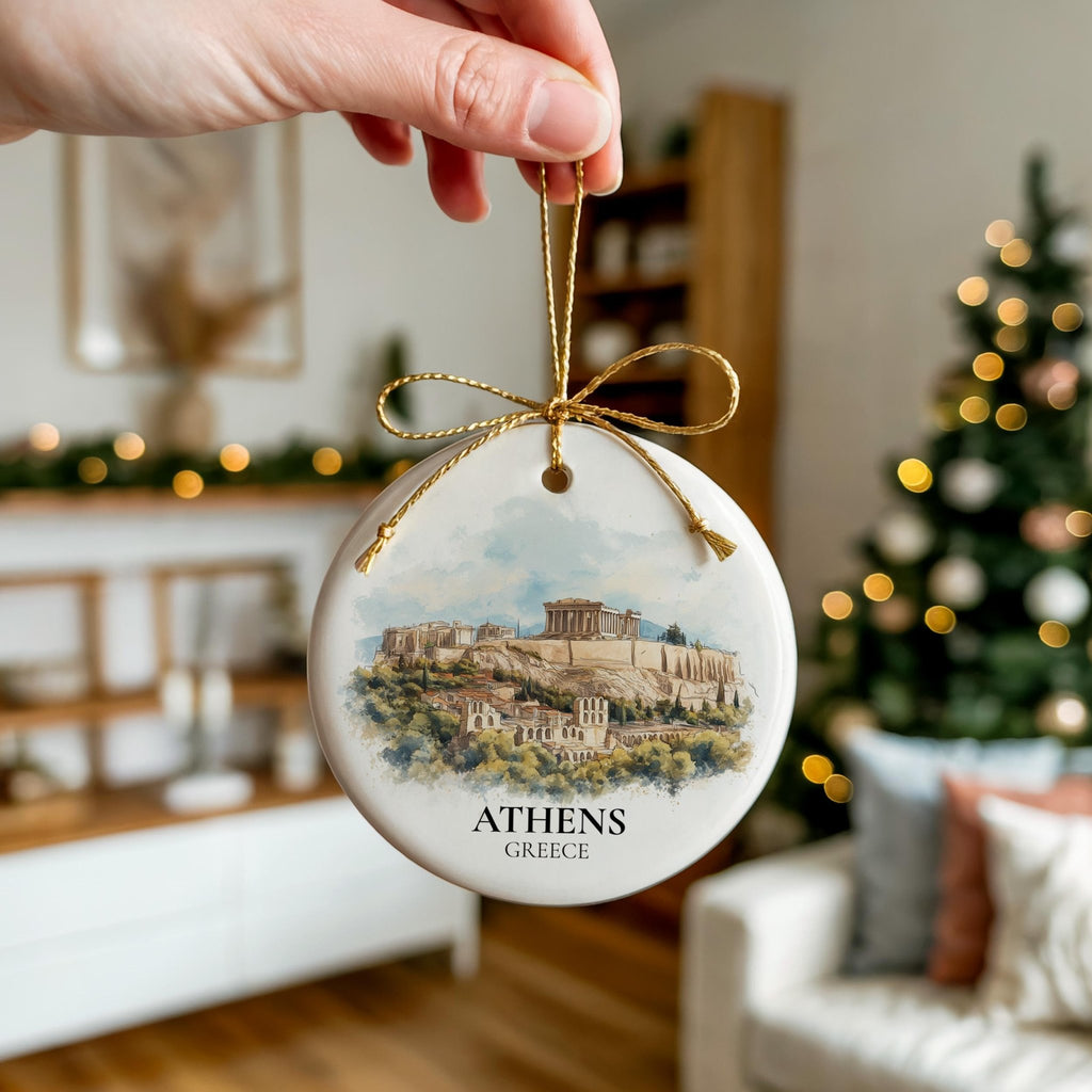Athens Greece Personalized Watercolor Ornament, Custom Ceramic Christmas gift, Travel Keepsake - CuteBeePix
