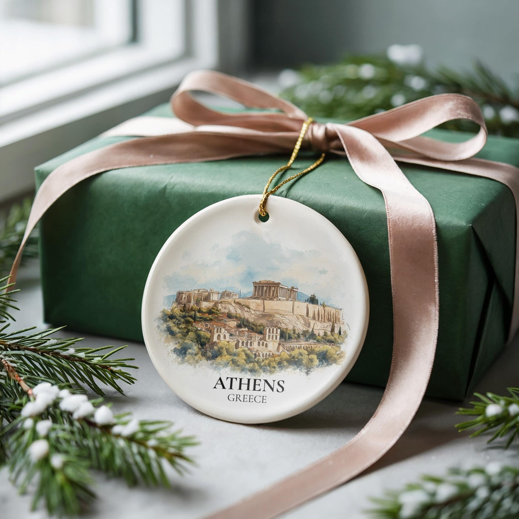 Athens Greece Personalized Watercolor Ornament, Custom Ceramic Christmas gift, Travel Keepsake - CuteBeePix